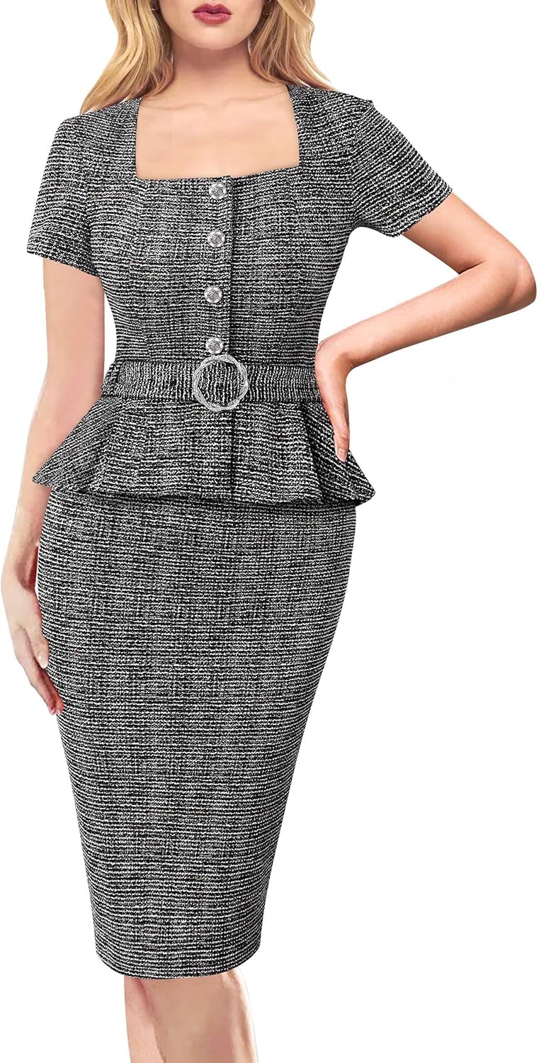 VFSHOW Womens 2024 Business Work Office Square Neck Belted Peplum Buttons Slim Bodycon Sheath Dress