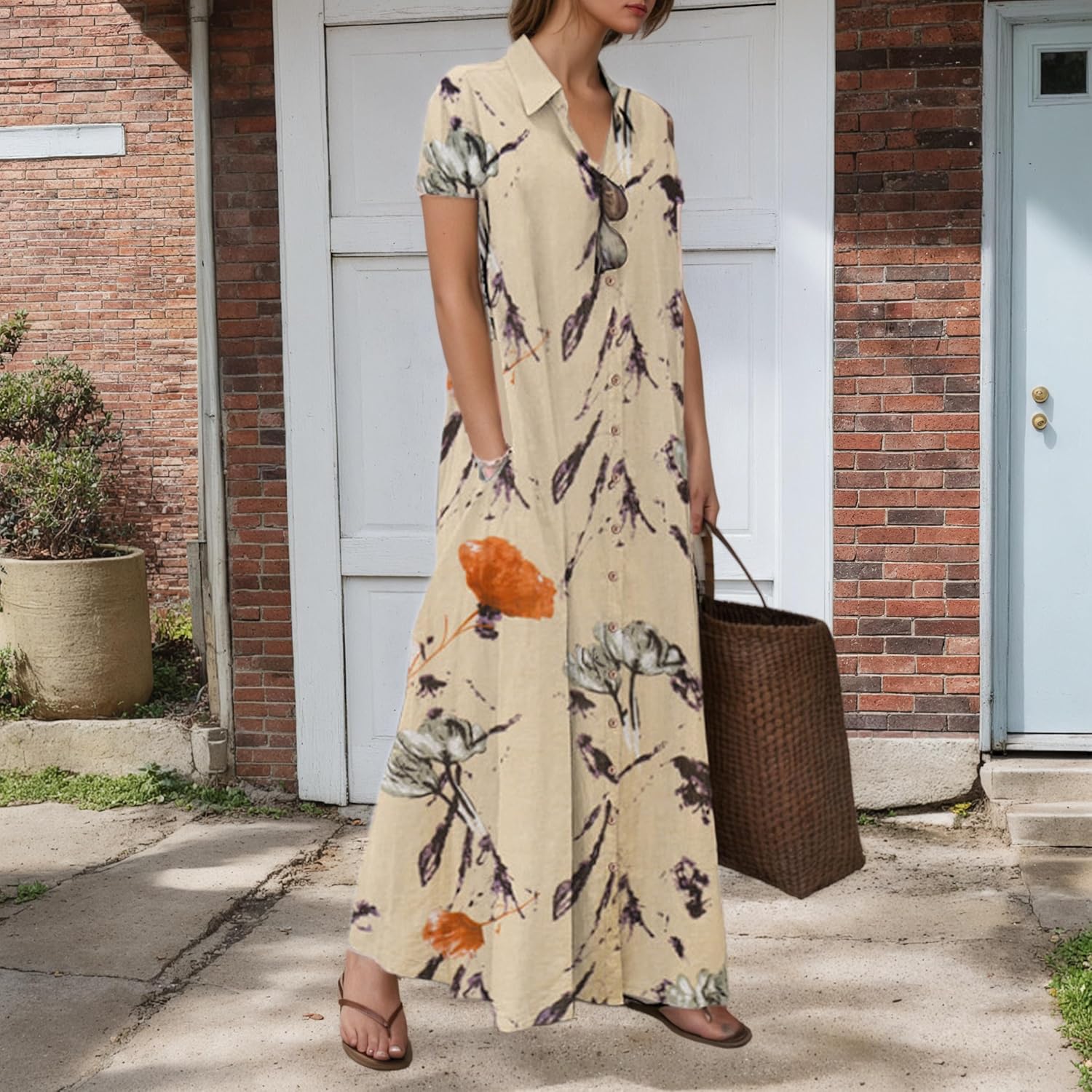 TIAFORD Womens 2025 Trendy Button Down Cotton Linen Maxi Dress Plus Size Short Sleeve Lapel Shirt Dresses with 2 Pockets