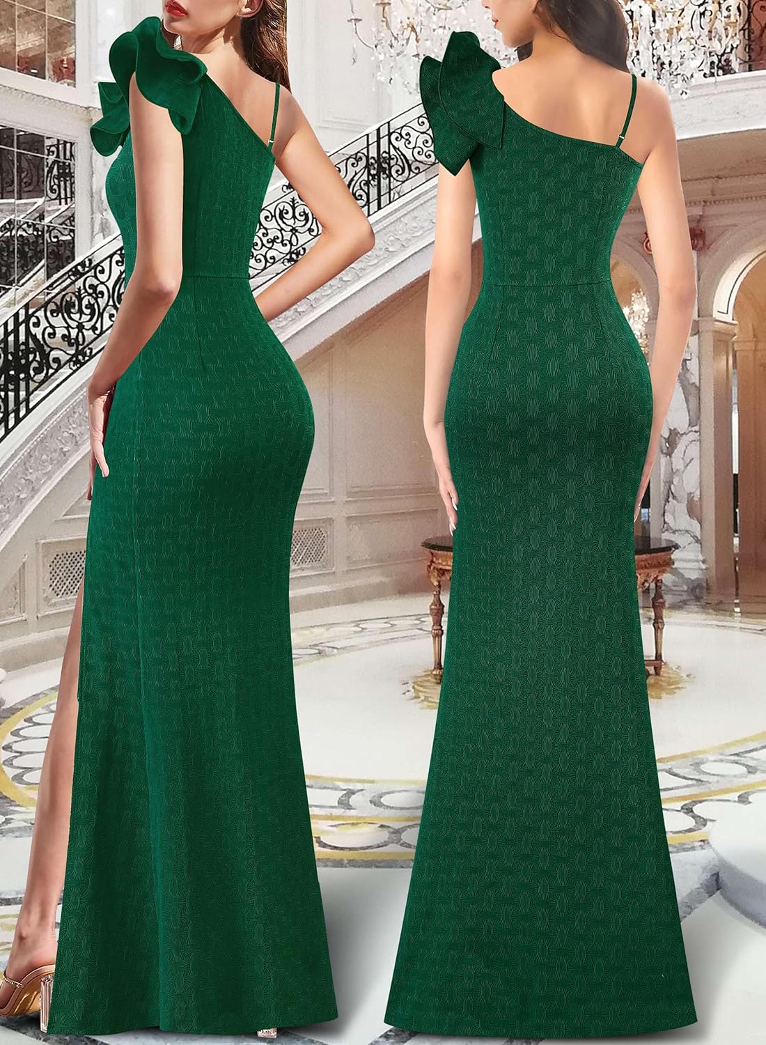 VFSHOW Womens Ruffle One Shoulder Strap Ruched Formal Prom Wedding Maxi Dress V Neck Elegant Split Cocktail Evening Long Gown