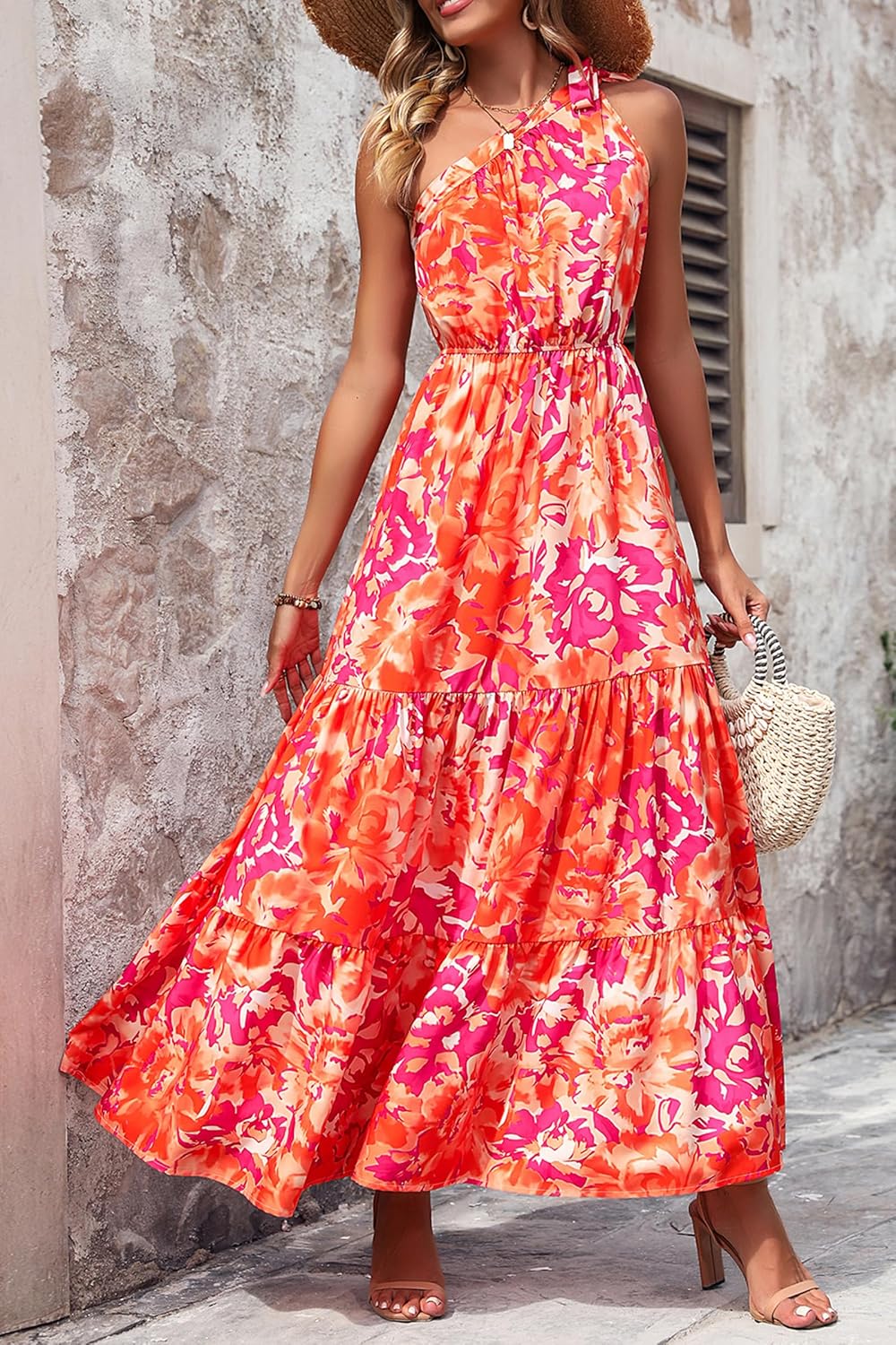 PRETTYGARDEN Women's Summer Floral Maxi Dress Knot One Shoulder Sleeveless Ruffle Flowy Boho Beach Wedding Guest Dresses
