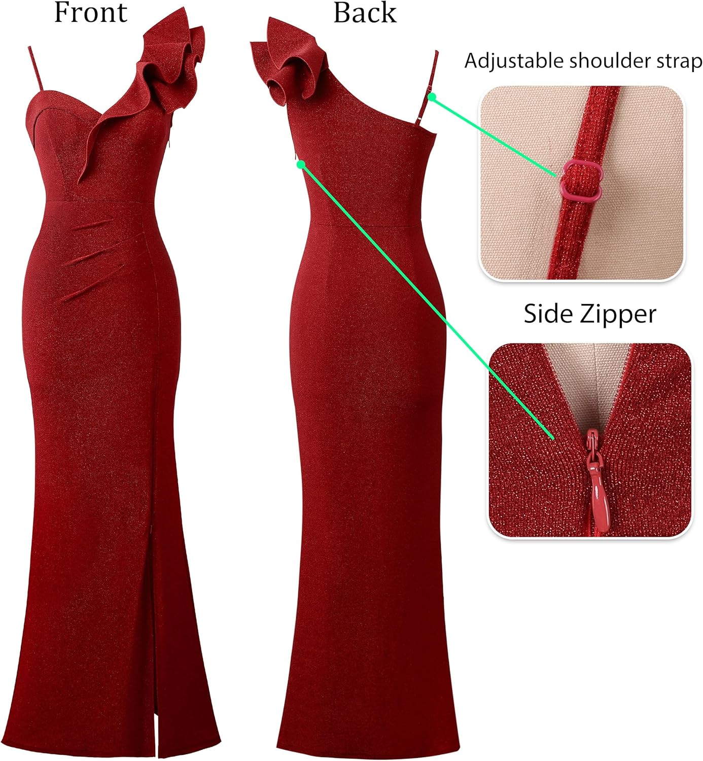 VFSHOW Womens Ruffle One Shoulder Strap Ruched Formal Prom Wedding Maxi Dress V Neck Elegant Split Cocktail Evening Long Gown