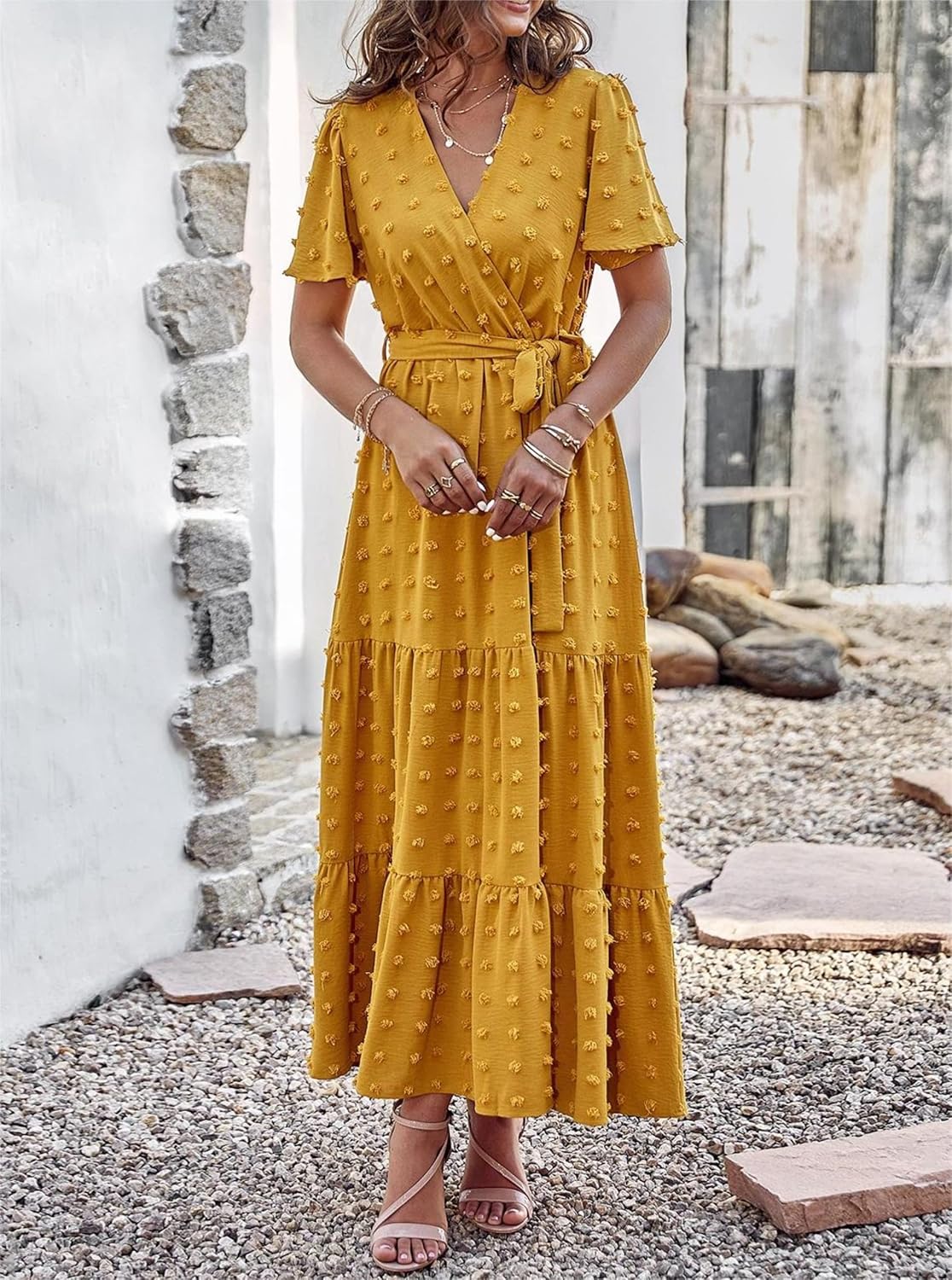 MASCOMODA Womens Boho Swiss Dot Maxi Dresses Wrap V Neck Flutter Short Sleeve Solid Tie Belt A Line Tiered Flowy Long Dress