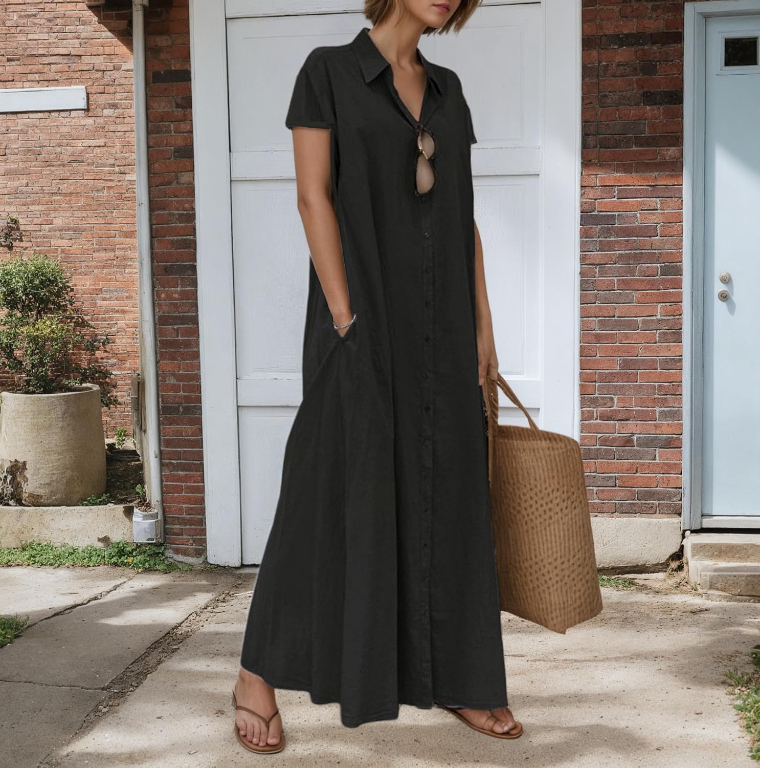 TIAFORD Womens 2025 Trendy Button Down Cotton Linen Maxi Dress Plus Size Short Sleeve Lapel Shirt Dresses with 2 Pockets