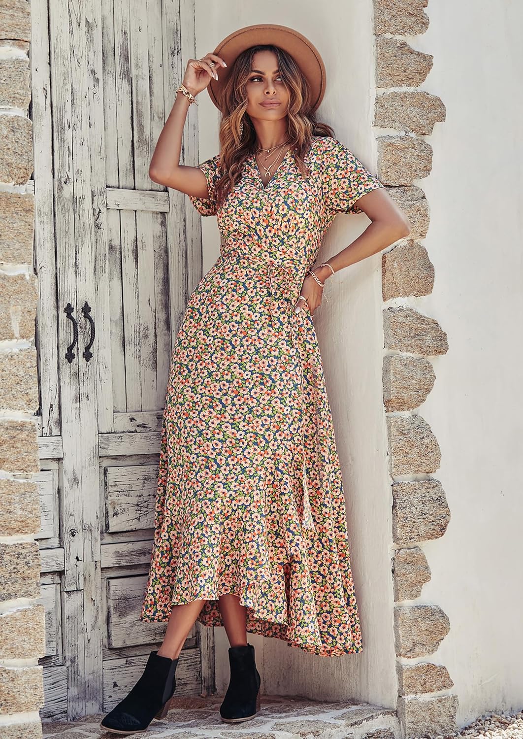 PRETTYGARDEN Women's Summer Wrap Maxi Dress Casual Short Sleeve Floral Boho V Neck Split Ruffle Beach Long Dresses