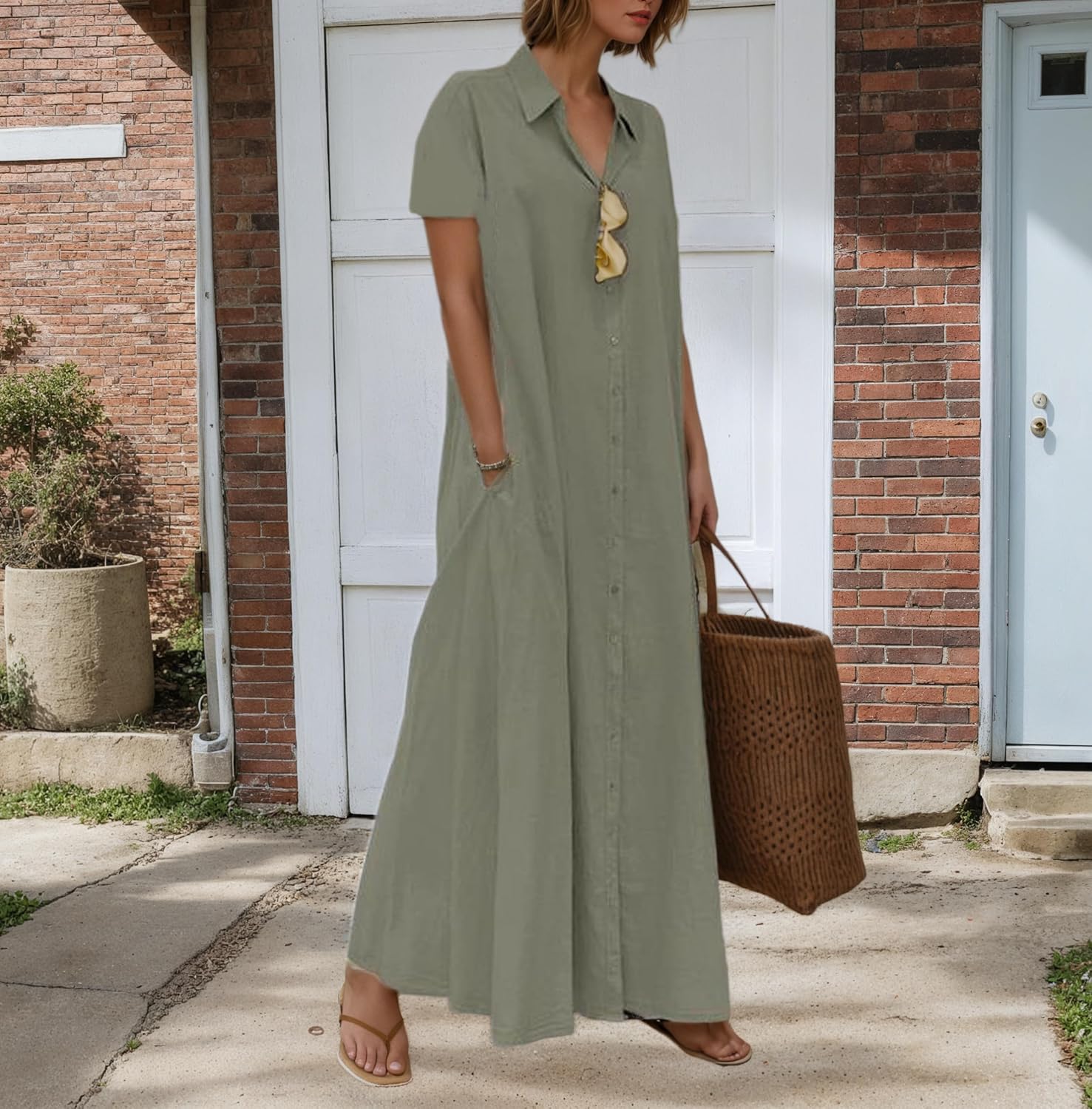 TIAFORD Womens 2025 Trendy Button Down Cotton Linen Maxi Dress Plus Size Short Sleeve Lapel Shirt Dresses with 2 Pockets