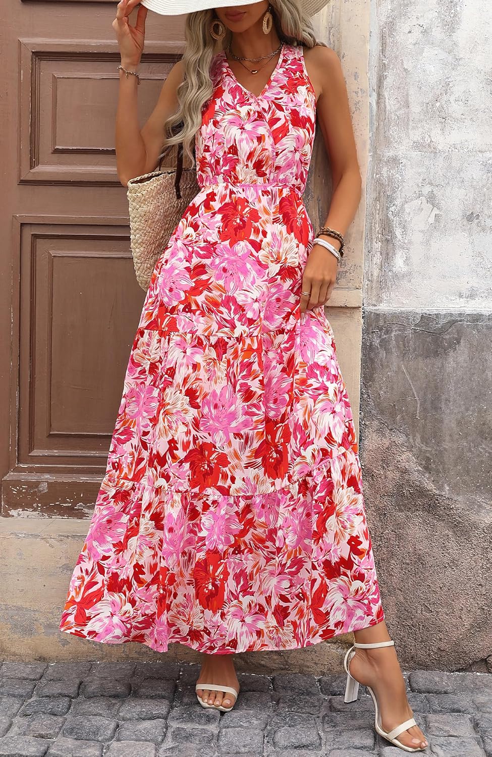 BTFBM Women Summer Dresses Casual Sleeveless Maxi Dresses Cute Floral Long Dress Wedding Guest Dress