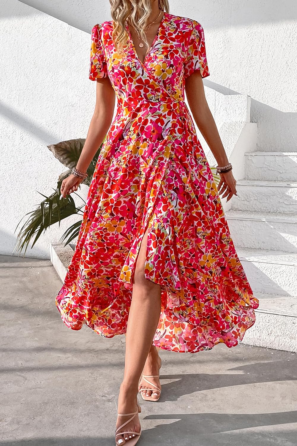PRETTYGARDEN Women's Summer Wrap Maxi Dress Casual Short Sleeve Floral Boho V Neck Split Ruffle Beach Long Dresses