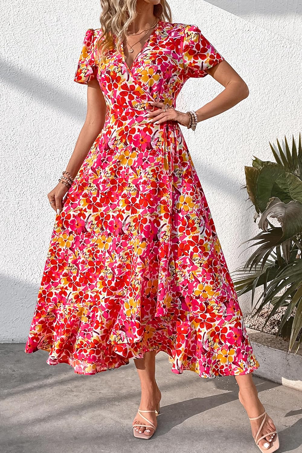 PRETTYGARDEN Women's Summer Wrap Maxi Dress Casual Short Sleeve Floral Boho V Neck Split Ruffle Beach Long Dresses