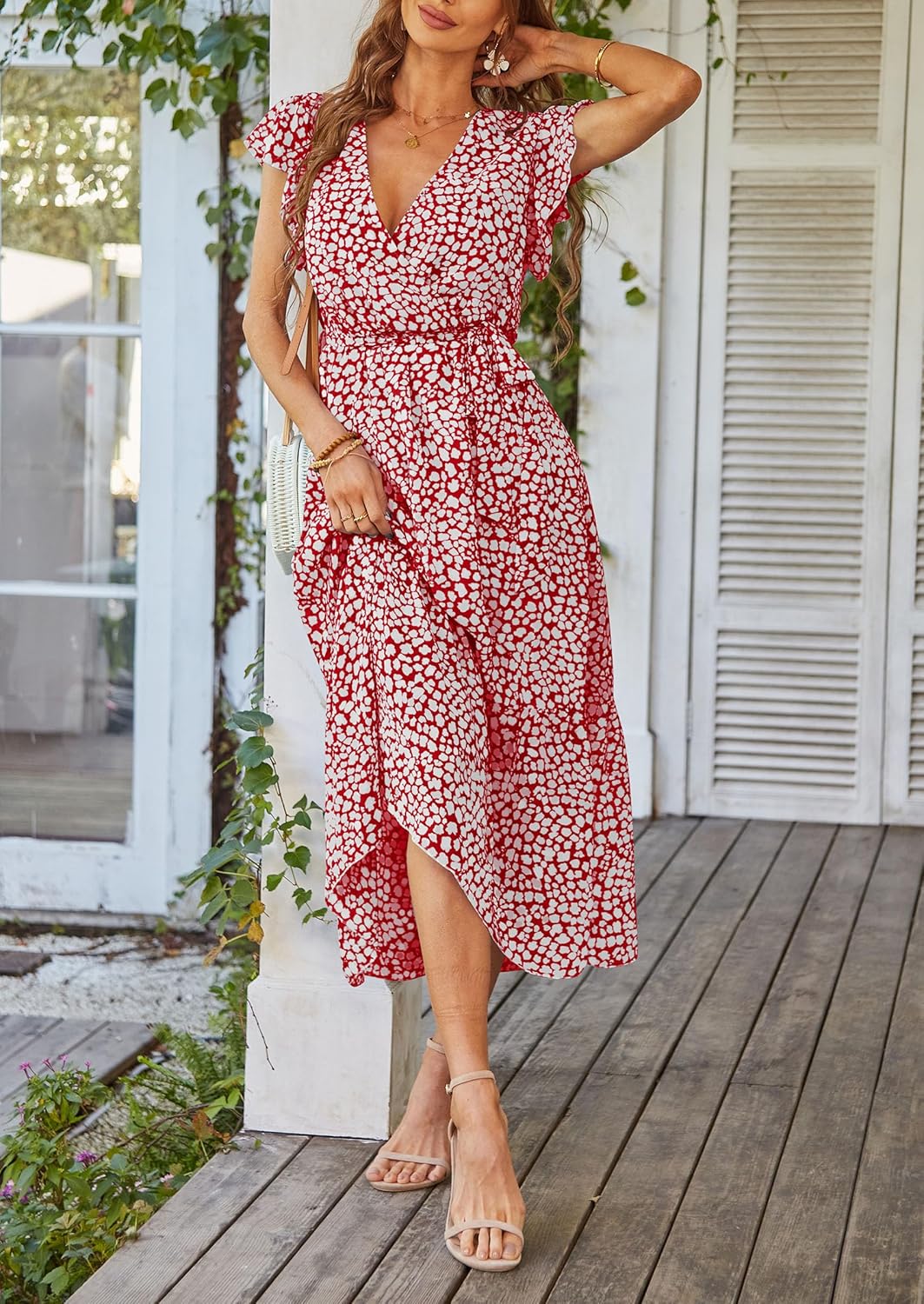 PRETTYGARDEN Women's Summer Floral Boho Dress Wrap V Neck Short Sleeve Ruffle A-Line Flowy Maxi Wedding Guest Dresses