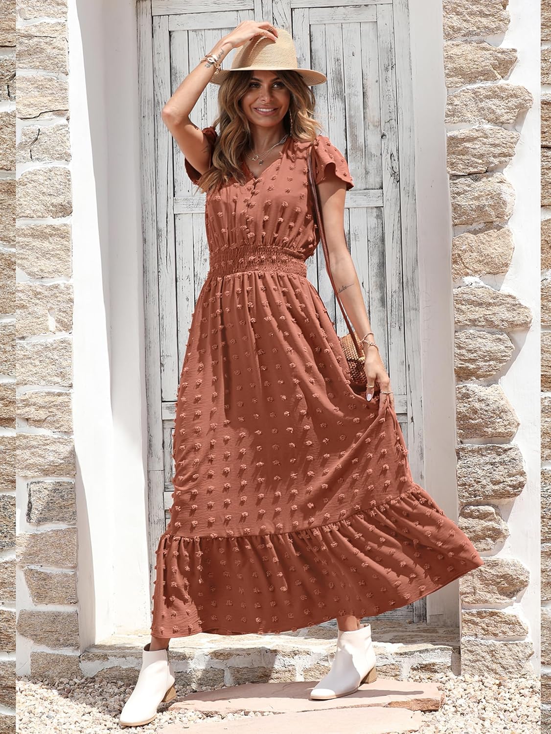 PRETTYGARDEN Womens Dresses 2025 Summer Maxi Dress Boho Short Sleeve V Neck Swiss Dot Ruffle Tiered Smocked Flowy Long Dress