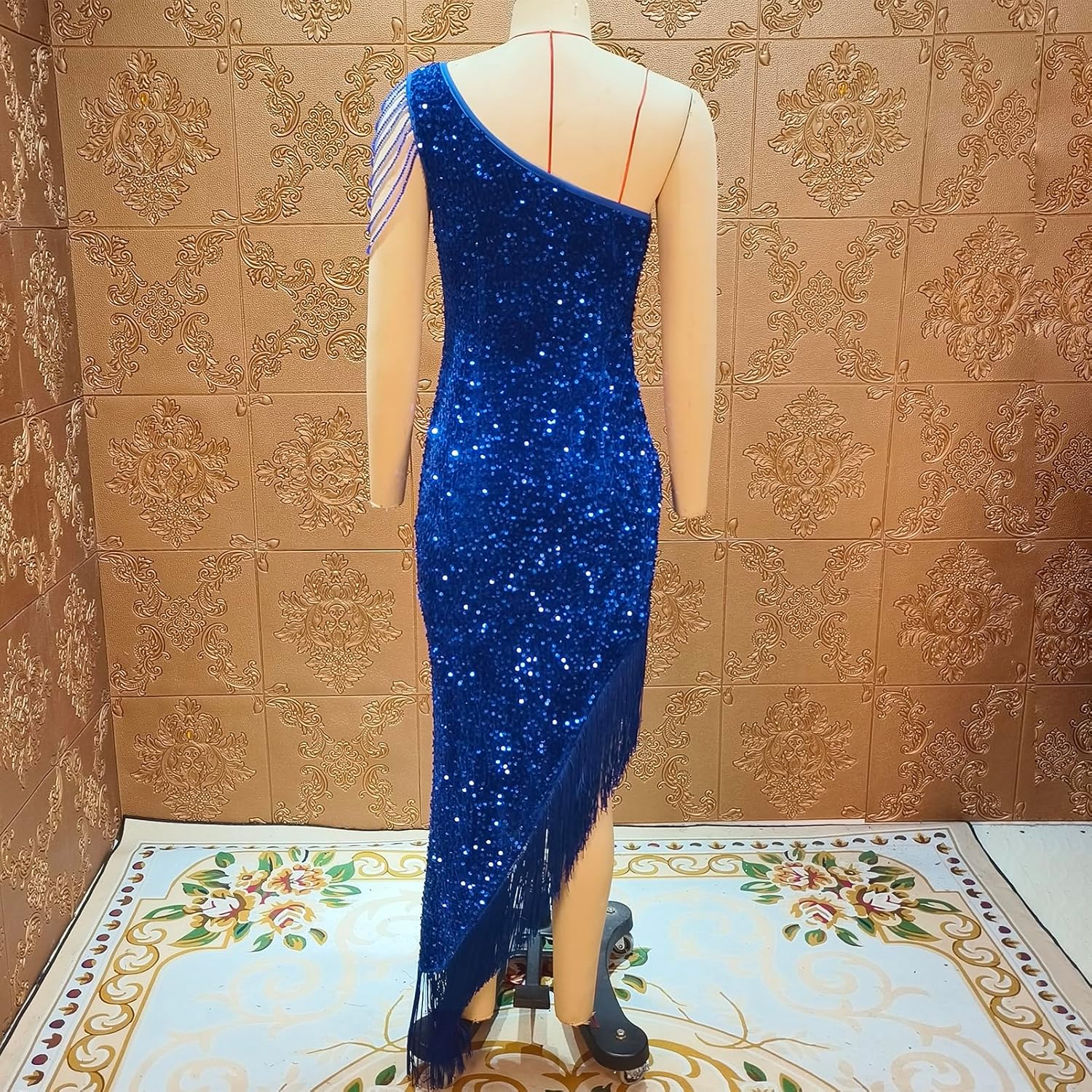 Cololura Women Sequin Elegant Sexy Tassels One Shoulder Mermaid Bodycon Cocktail Evening Midi Party Formal Dress