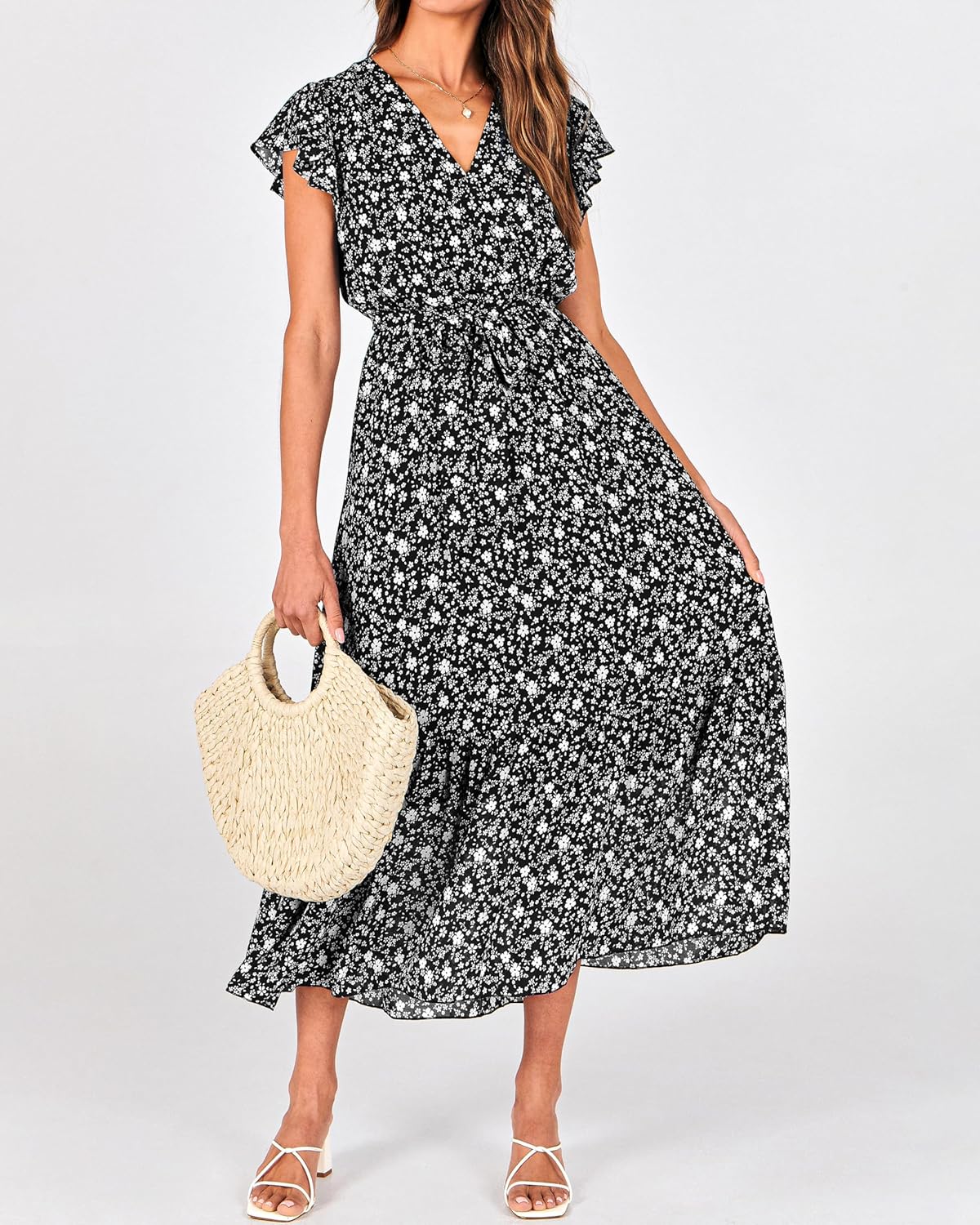 BTFBM Women Summer Bohemian Floral Casual Wrap V Neck Ruffle Cap Sleeveless Belt A-Line Pleated Hem Midi Sun Dress White