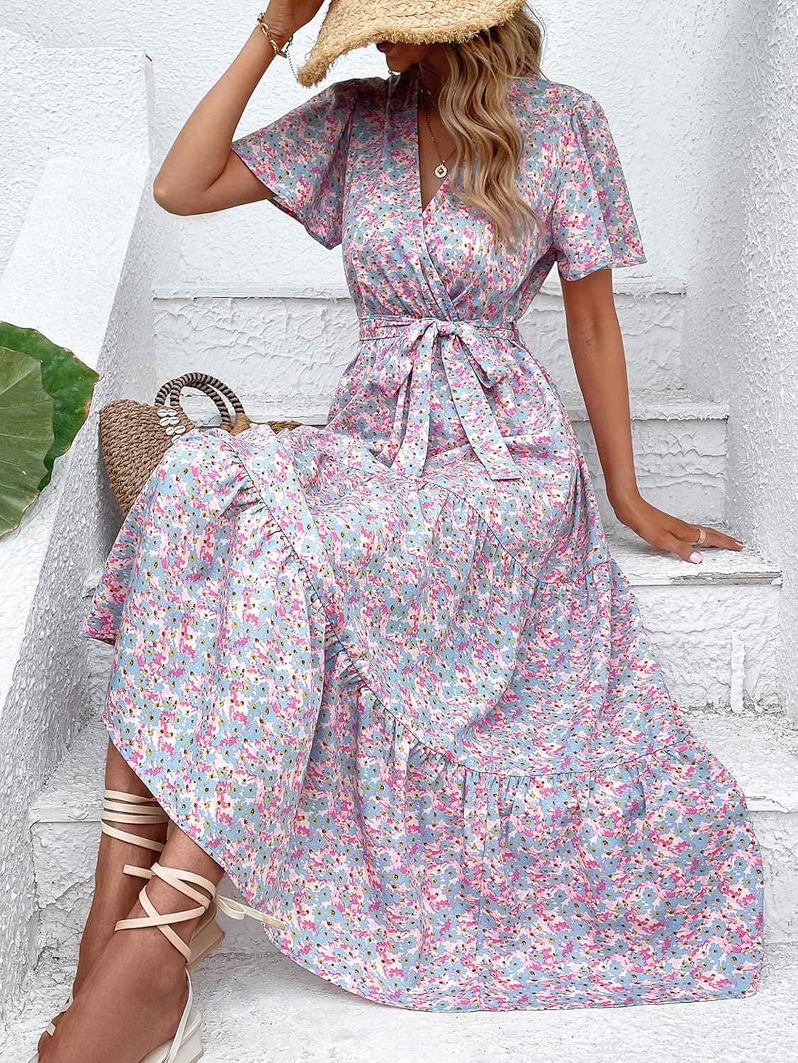 MASCOMODA Womens Boho Swiss Dot Maxi Dresses Wrap V Neck Flutter Short Sleeve Solid Tie Belt A Line Tiered Flowy Long Dress