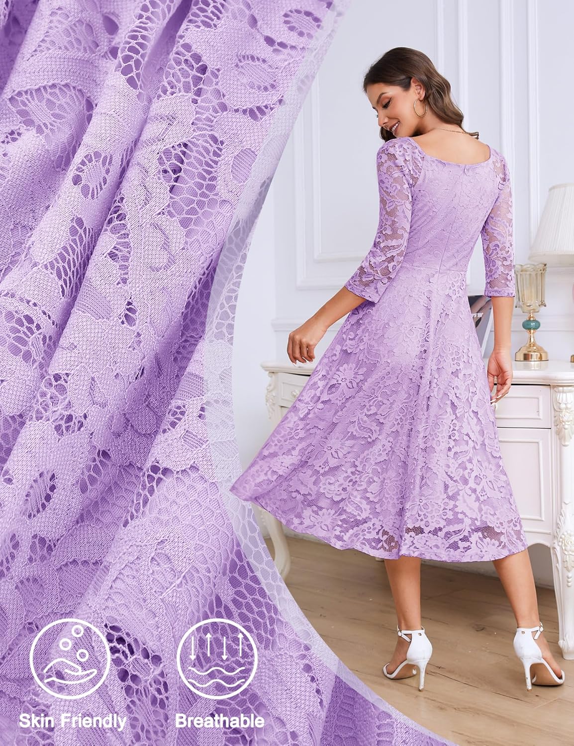 Dressystar Womens Long-Sleeve Wedding Guest Dress A-Line Lace Formal Party Cocktail Midi Dress Prom Gown