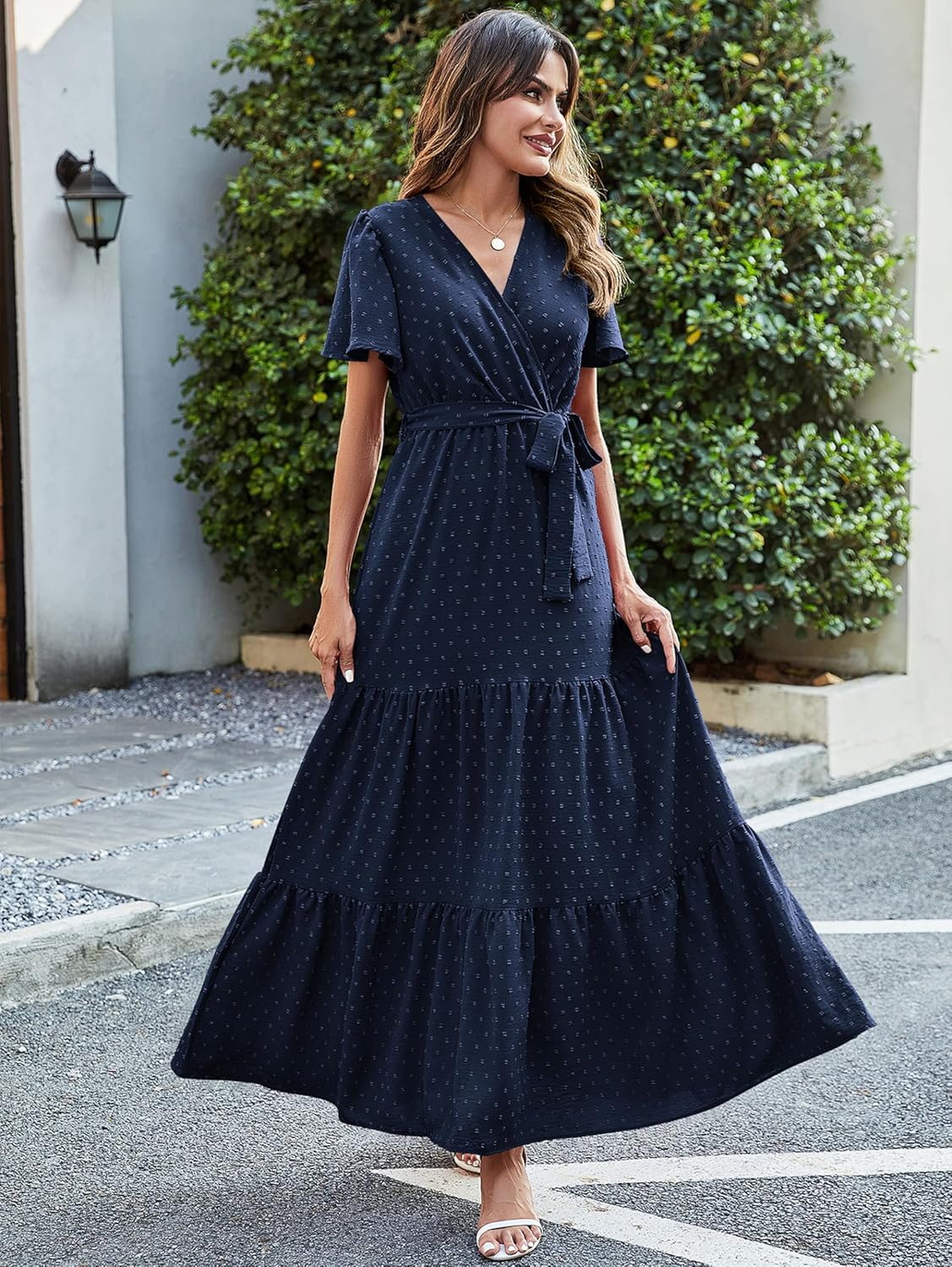 MASCOMODA Womens Boho Swiss Dot Maxi Dresses Wrap V Neck Flutter Short Sleeve Solid Tie Belt A Line Tiered Flowy Long Dress