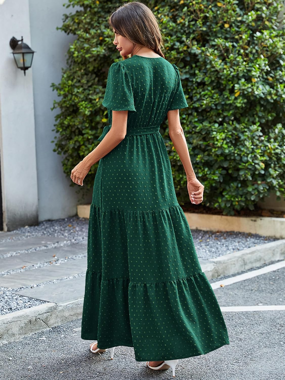 MASCOMODA Womens Boho Swiss Dot Maxi Dresses Wrap V Neck Flutter Short Sleeve Solid Tie Belt A Line Tiered Flowy Long Dress