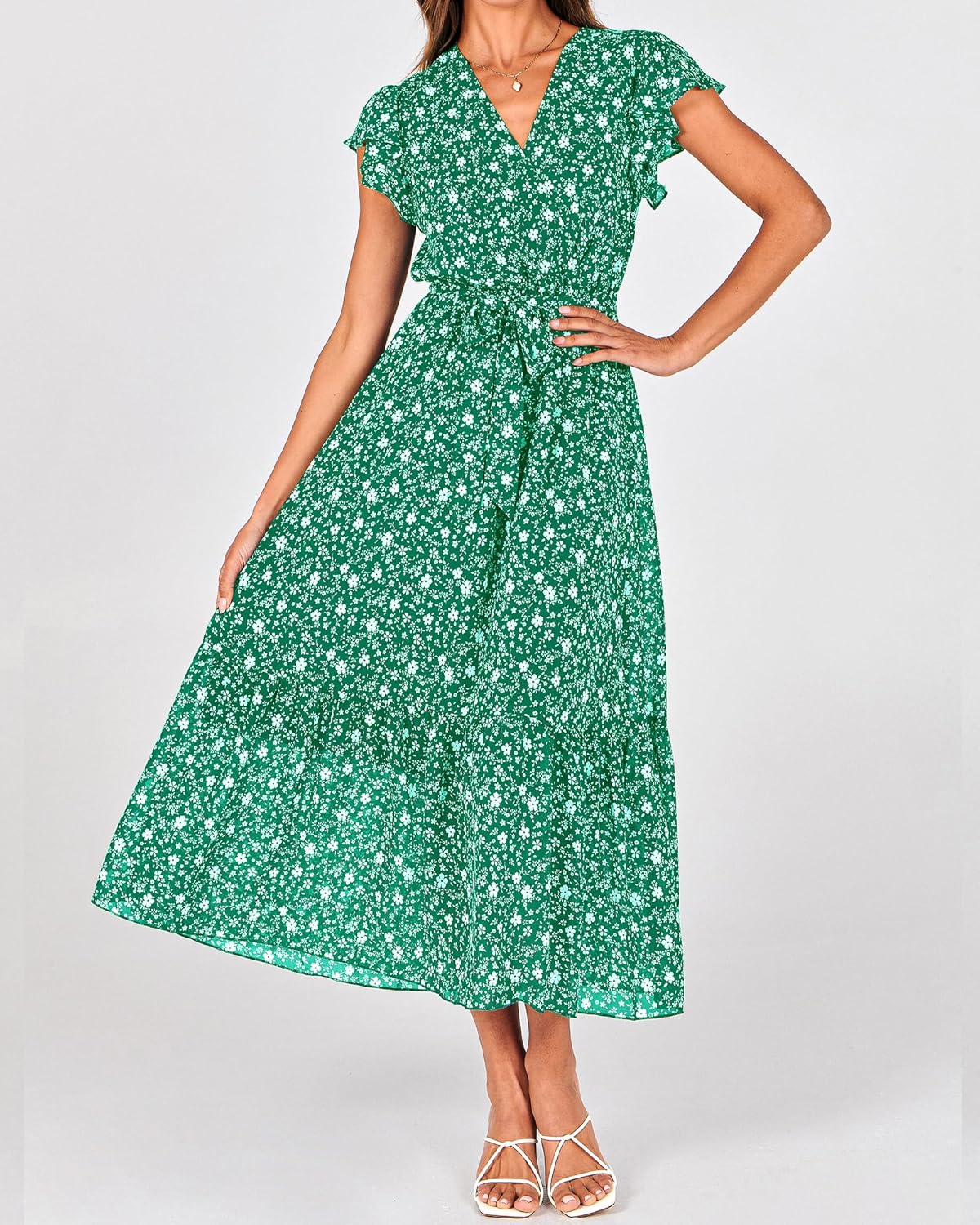 BTFBM Women Summer Bohemian Floral Casual Wrap V Neck Ruffle Cap Sleeveless Belt A-Line Pleated Hem Midi Sun Dress White