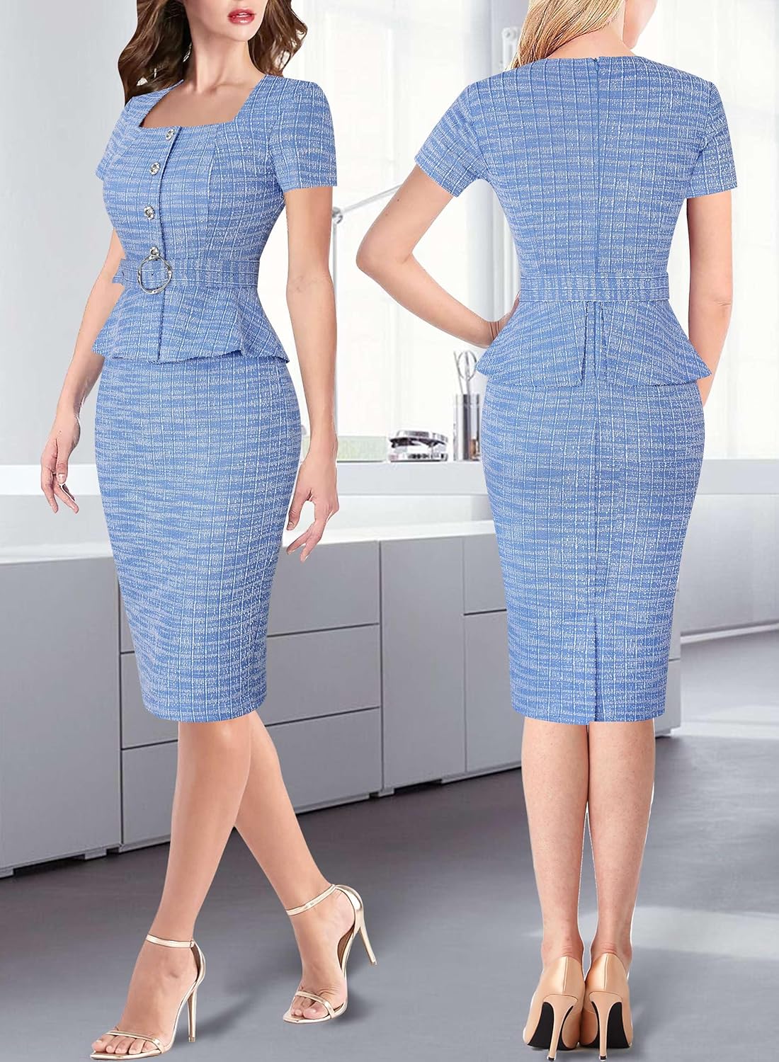 VFSHOW Womens 2024 Business Work Office Square Neck Belted Peplum Buttons Slim Bodycon Sheath Dress