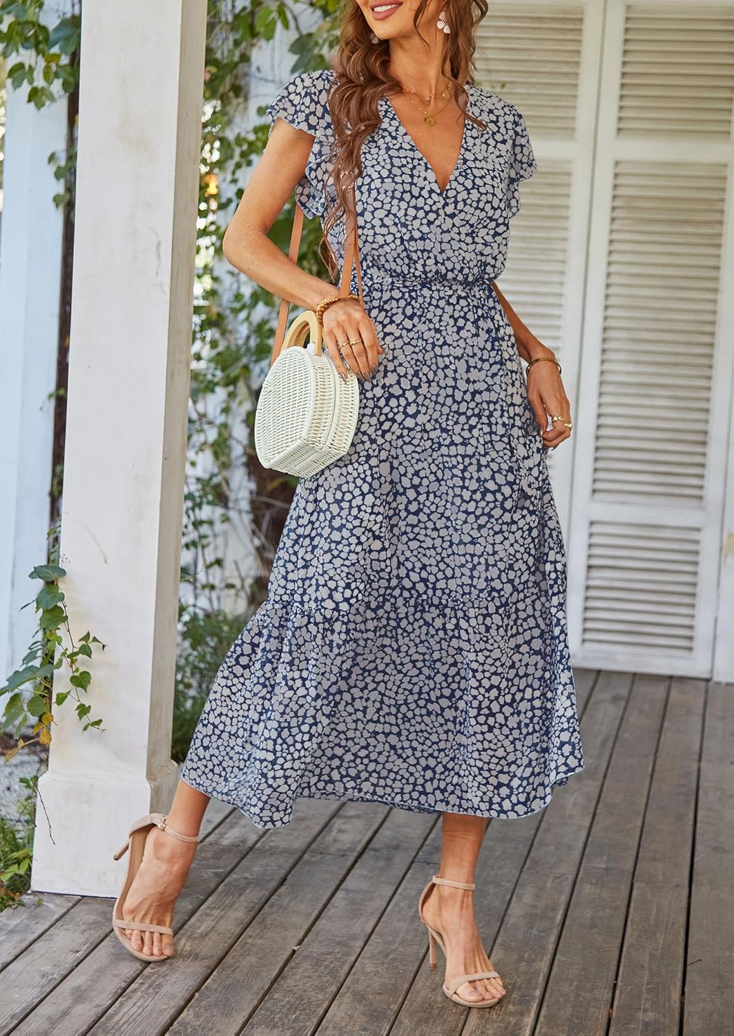 PRETTYGARDEN Women's Summer Floral Boho Dress Wrap V Neck Short Sleeve Ruffle A-Line Flowy Maxi Wedding Guest Dresses