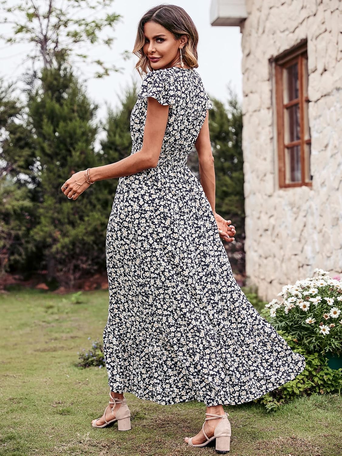 PRETTYGARDEN Womens Dresses 2025 Summer Maxi Dress Boho Short Sleeve V Neck Swiss Dot Ruffle Tiered Smocked Flowy Long Dress