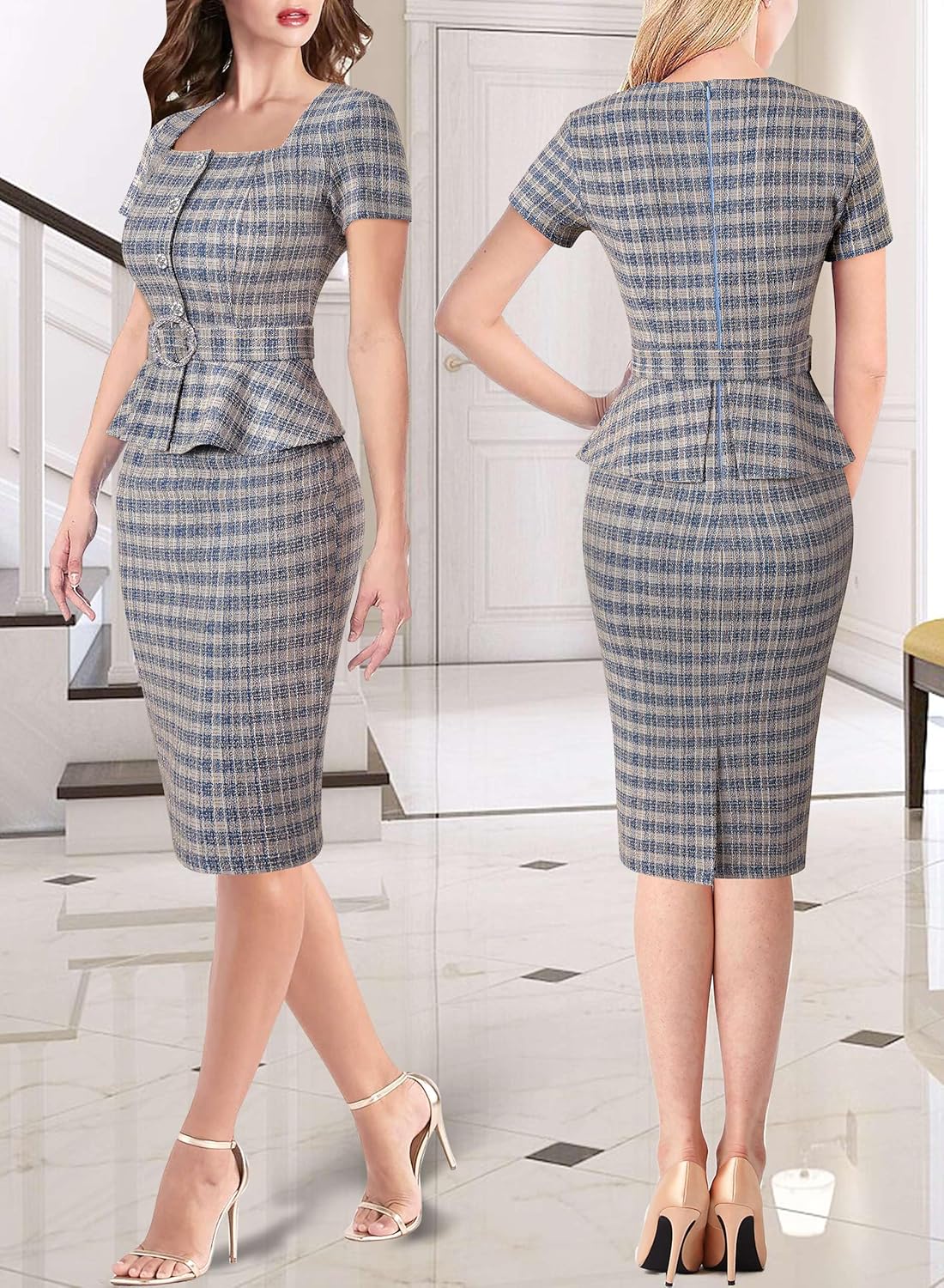 VFSHOW Womens 2024 Business Work Office Square Neck Belted Peplum Buttons Slim Bodycon Sheath Dress