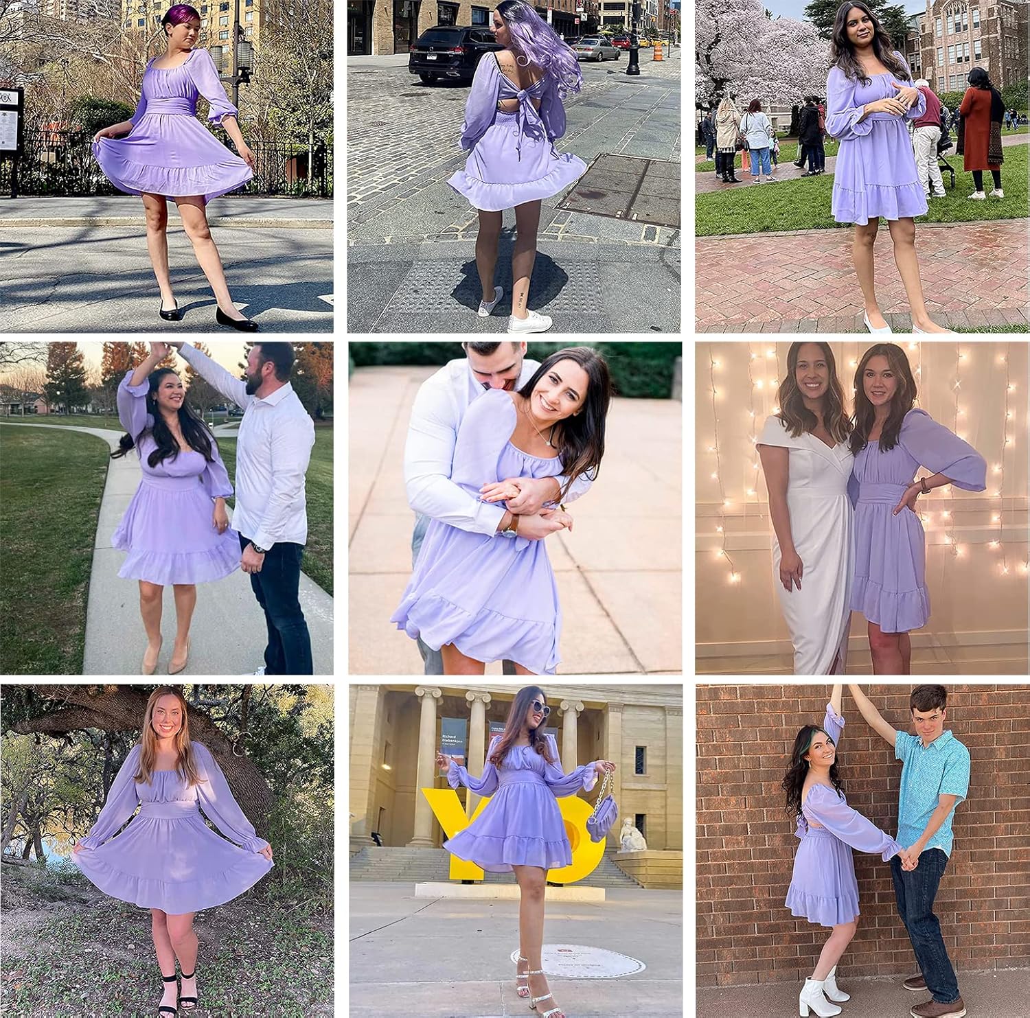 EXLURA Women's 2025 Casual Long Lantern Sleeve Dresses Square Neck Ruffle Tie Back Elastic Waist Aline Short Mini Dress