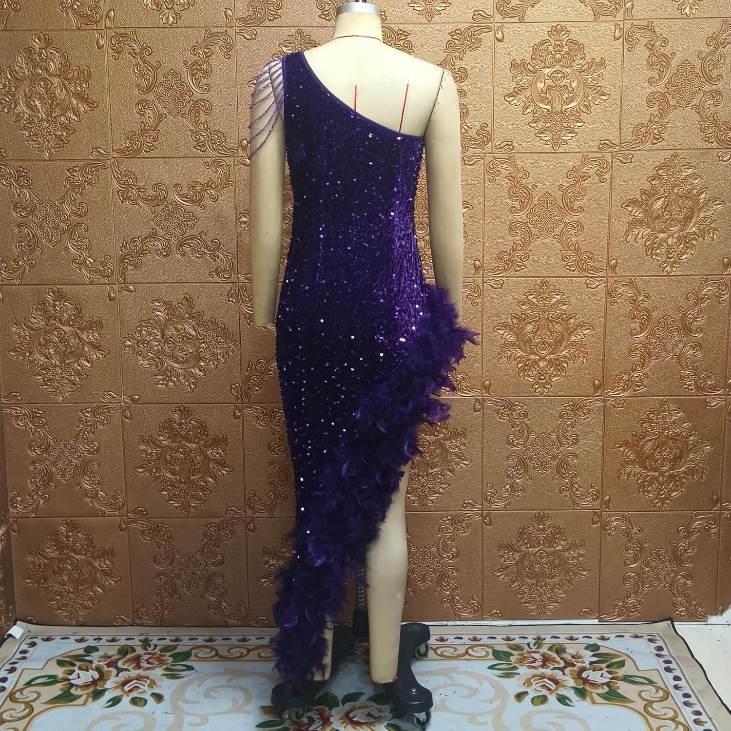 Cololura Women Sequin Elegant Sexy Tassels One Shoulder Mermaid Bodycon Cocktail Evening Midi Party Formal Dress