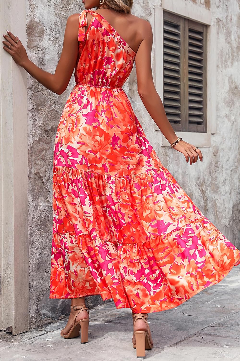 PRETTYGARDEN Women's Summer Floral Maxi Dress Knot One Shoulder Sleeveless Ruffle Flowy Boho Beach Wedding Guest Dresses