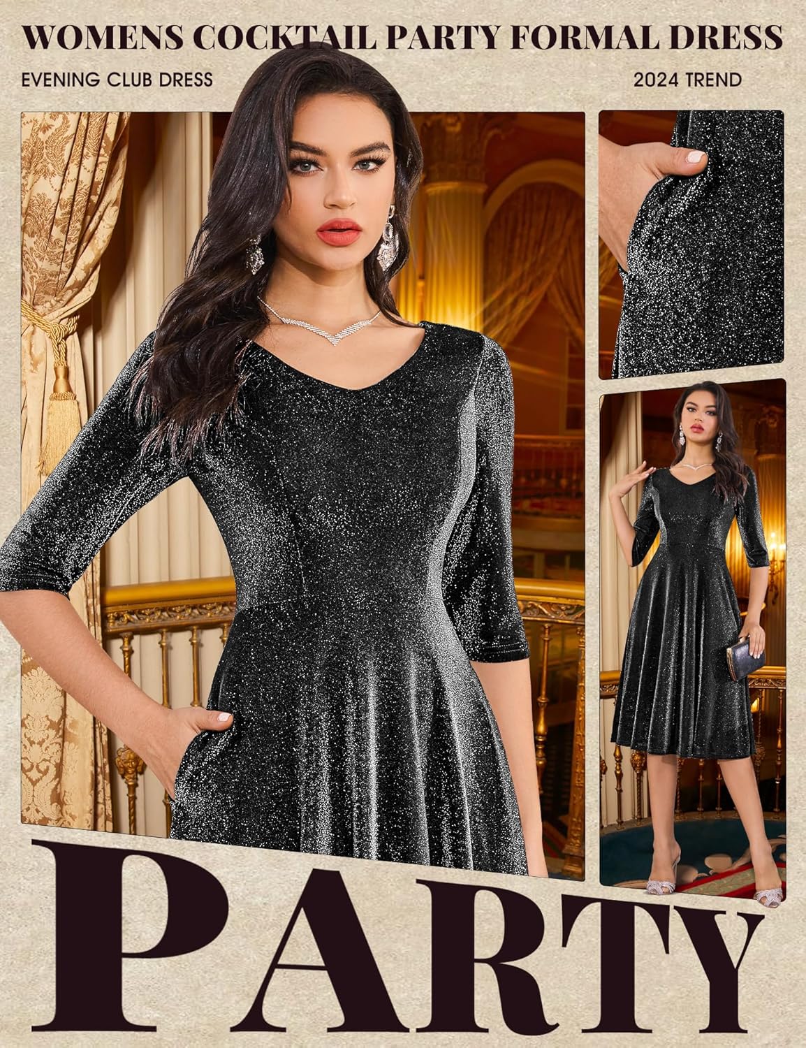 Dressystar Womens Long-Sleeve Wedding Guest Dress A-Line Lace Formal Party Cocktail Midi Dress Prom Gown