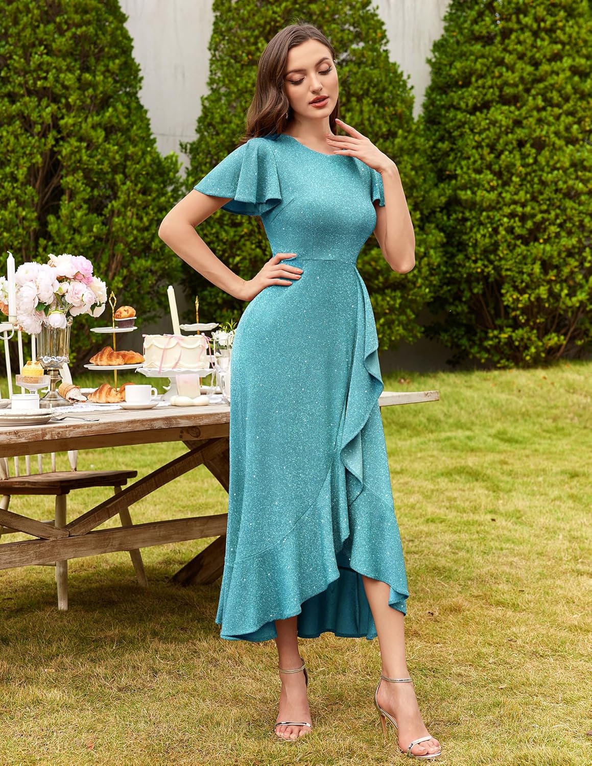 BeryLove Women Sequin Formal Party Dress Flutter Short Sleeve Wedding Cocktail Long Evening Dress