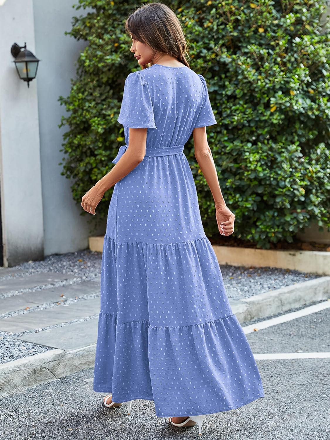 MASCOMODA Womens Boho Swiss Dot Maxi Dresses Wrap V Neck Flutter Short Sleeve Solid Tie Belt A Line Tiered Flowy Long Dress