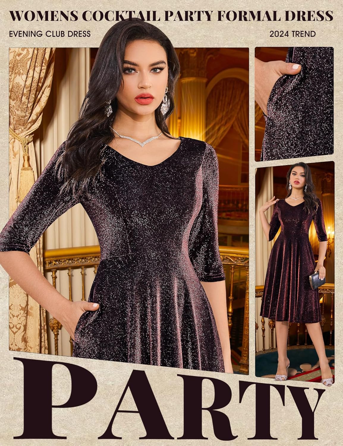 Dressystar Womens Long-Sleeve Wedding Guest Dress A-Line Lace Formal Party Cocktail Midi Dress Prom Gown