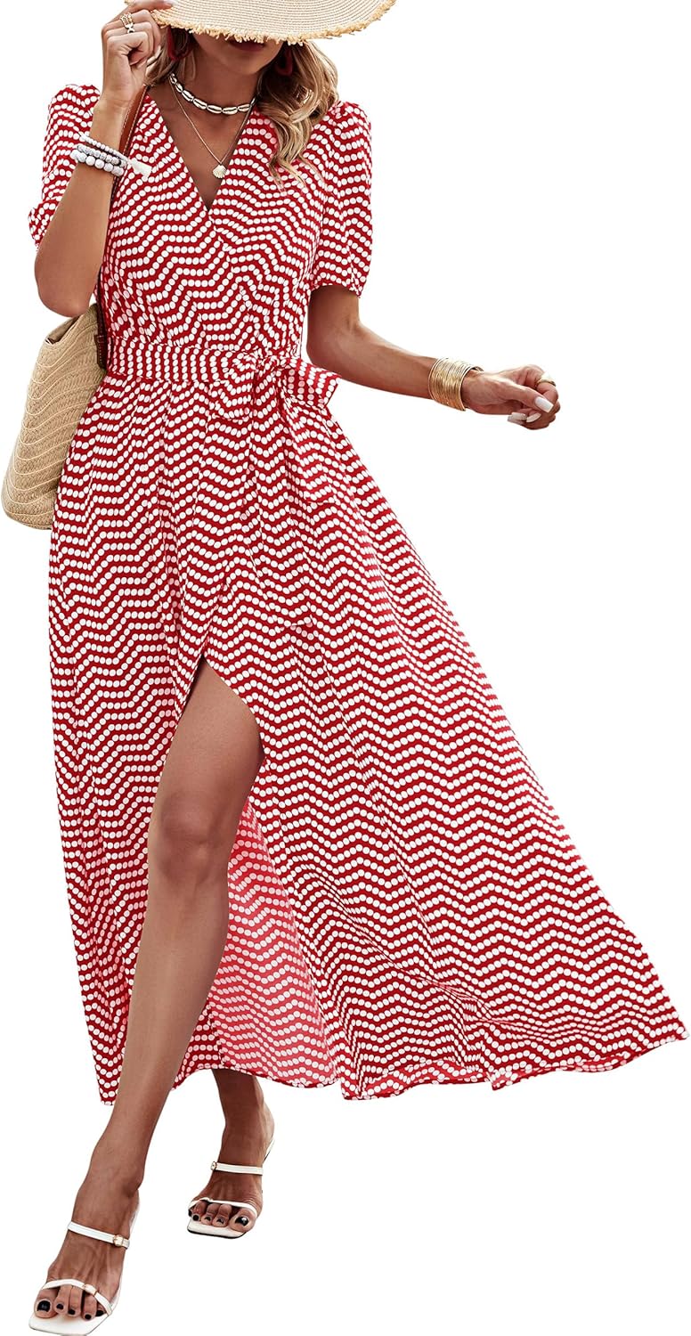 PRETTYGARDEN Women's Summer Wrap Maxi Dress Casual Short Sleeve Floral Boho V Neck Split Ruffle Beach Long Dresses