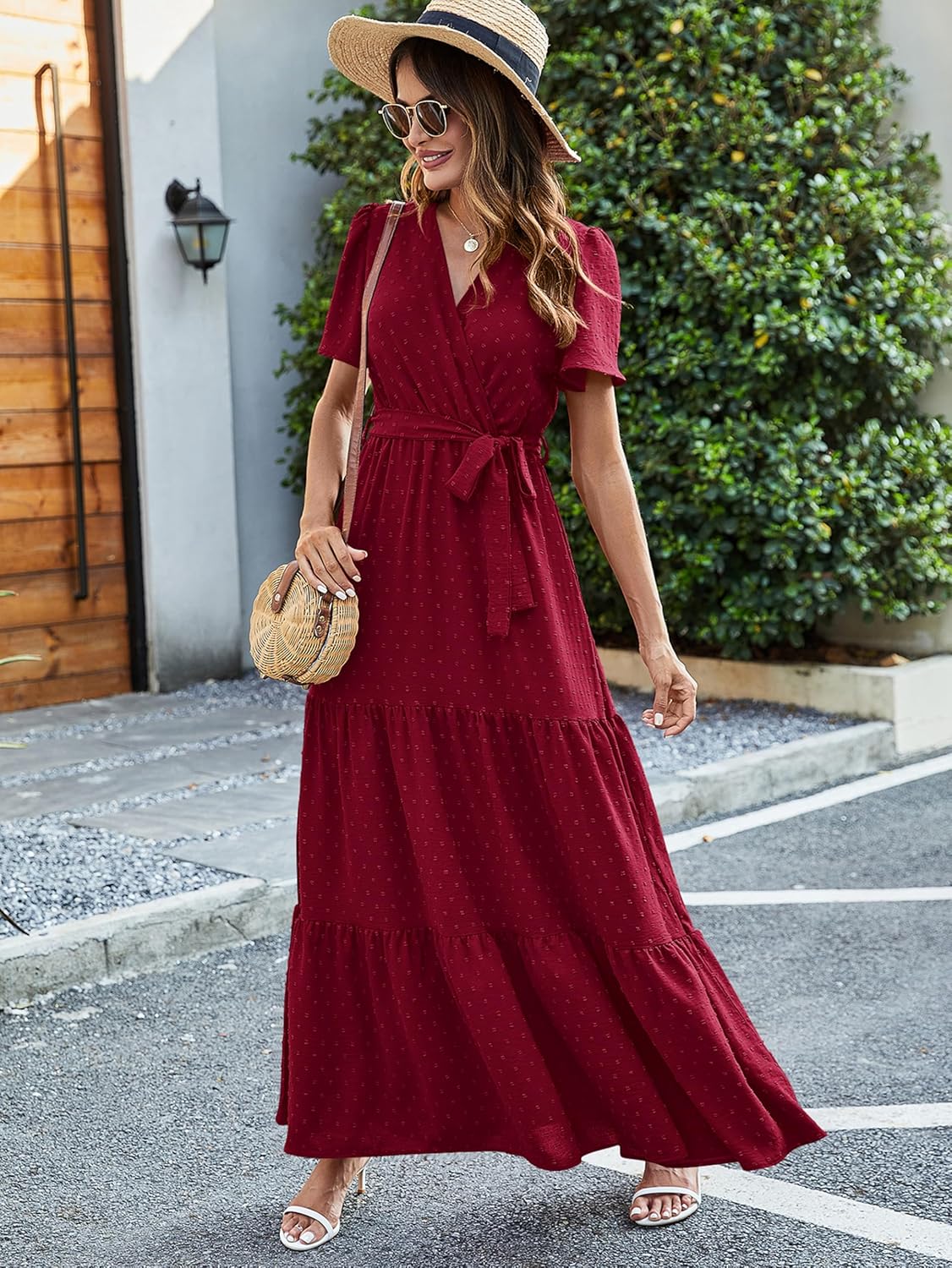 MASCOMODA Womens Boho Swiss Dot Maxi Dresses Wrap V Neck Flutter Short Sleeve Solid Tie Belt A Line Tiered Flowy Long Dress