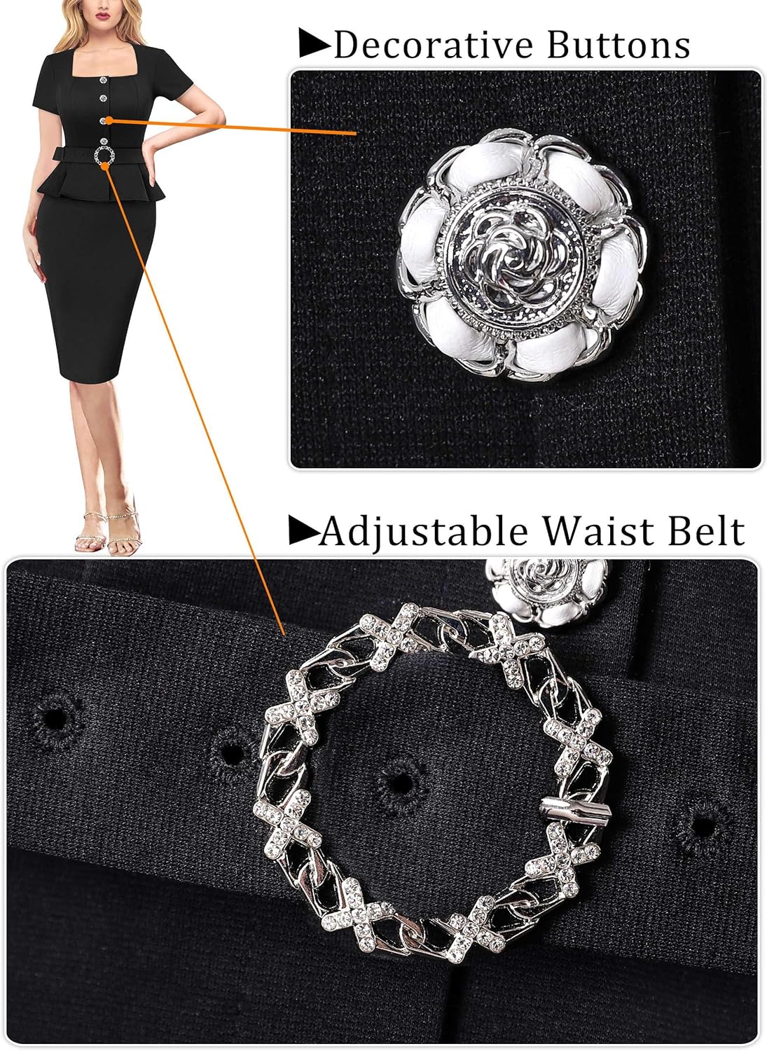 VFSHOW Womens 2024 Business Work Office Square Neck Belted Peplum Buttons Slim Bodycon Sheath Dress