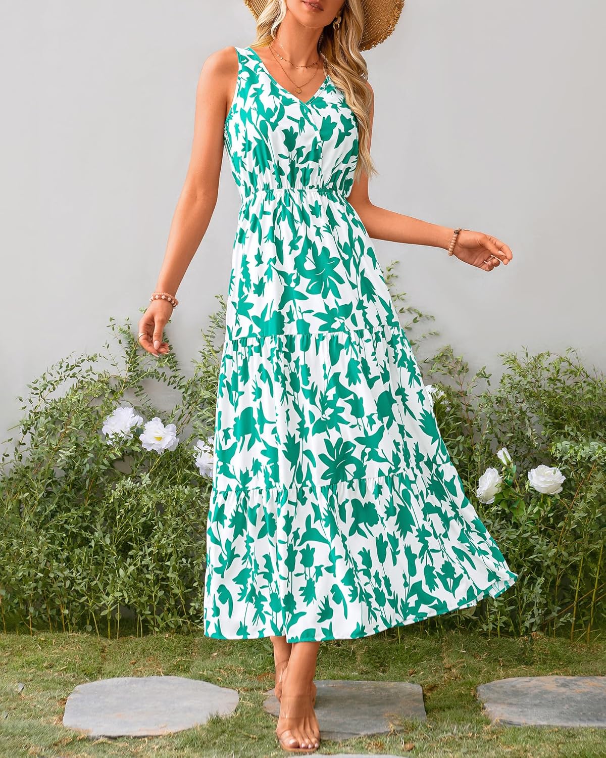 BTFBM Women Summer Dresses Casual Sleeveless Maxi Dresses Cute Floral Long Dress Wedding Guest Dress