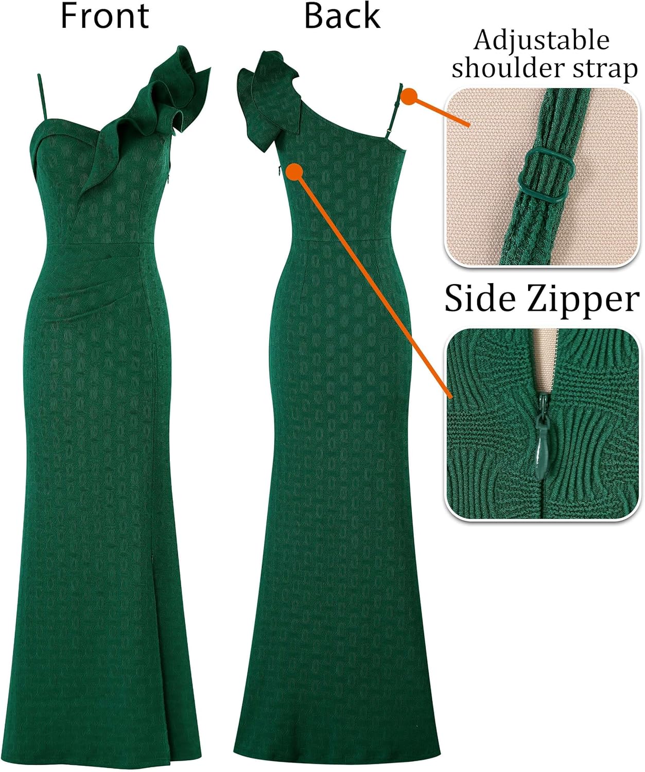 VFSHOW Womens Ruffle One Shoulder Strap Ruched Formal Prom Wedding Maxi Dress V Neck Elegant Split Cocktail Evening Long Gown