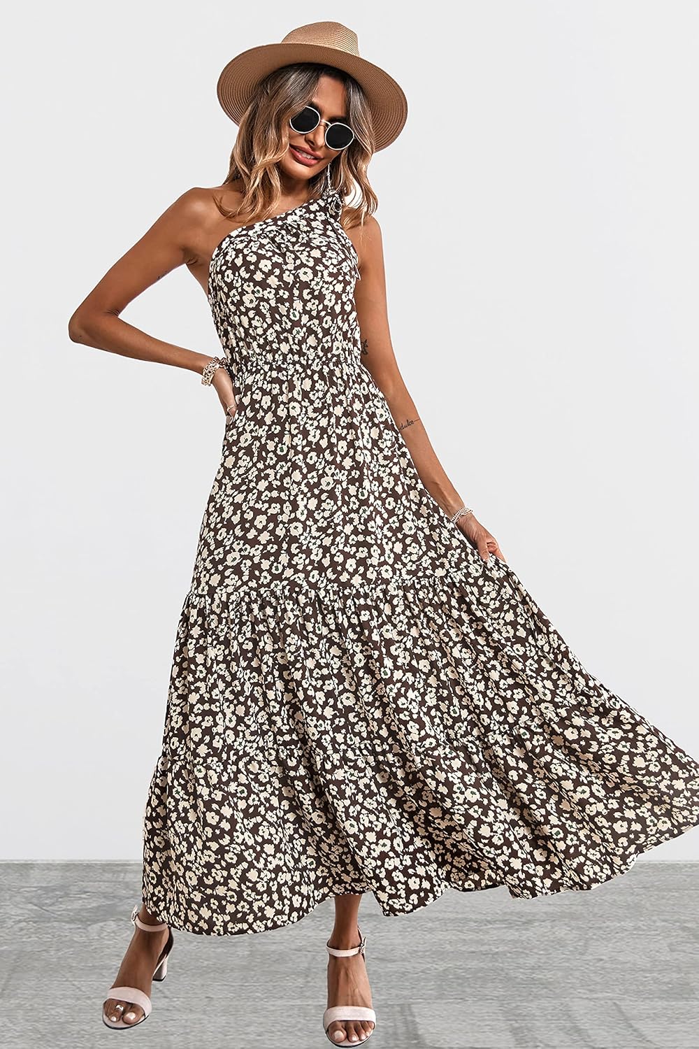 PRETTYGARDEN Women's Summer Floral Maxi Dress Knot One Shoulder Sleeveless Ruffle Flowy Boho Beach Wedding Guest Dresses