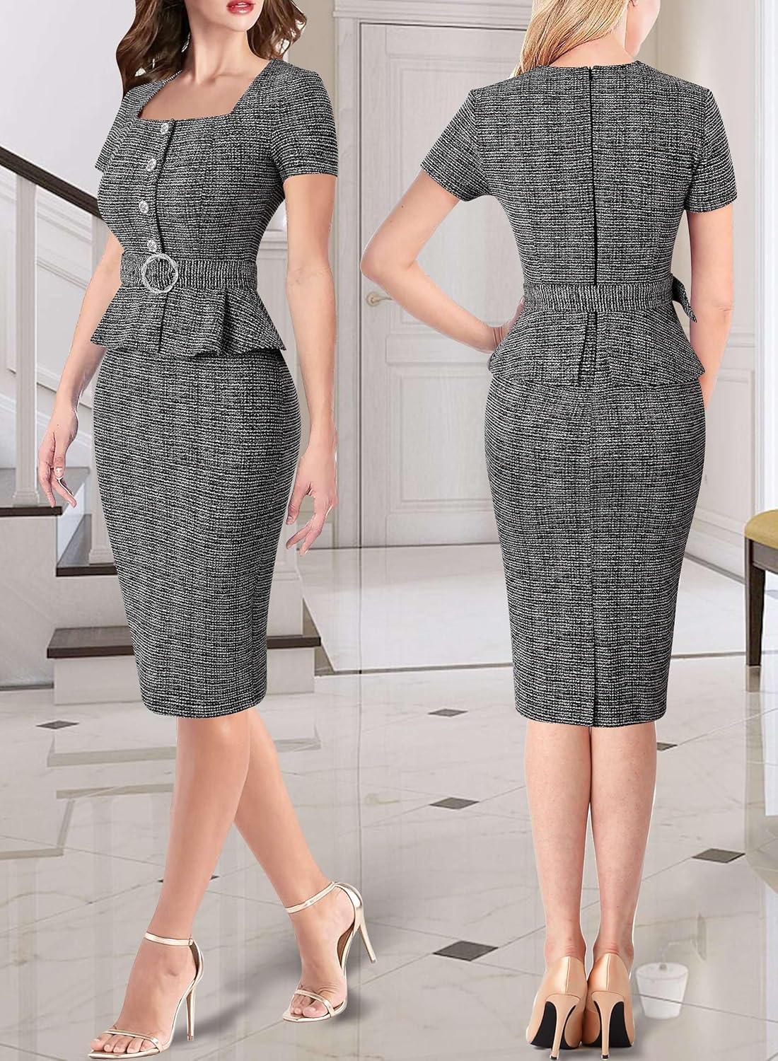VFSHOW Womens 2024 Business Work Office Square Neck Belted Peplum Buttons Slim Bodycon Sheath Dress
