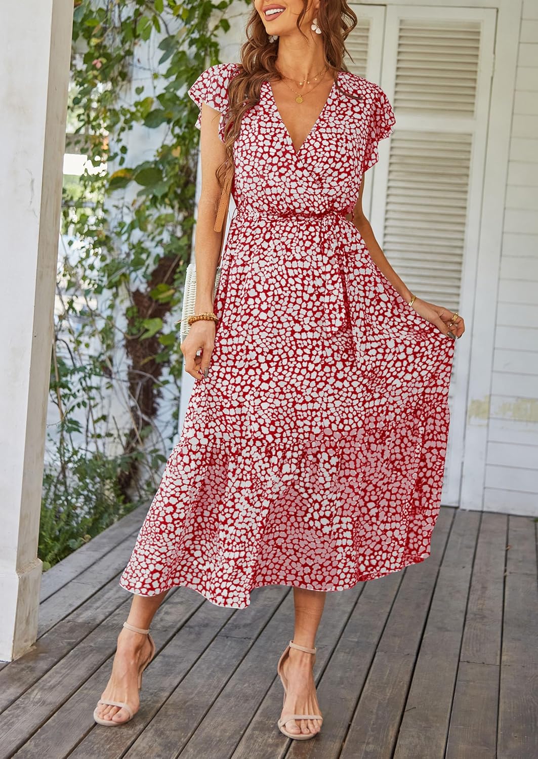 PRETTYGARDEN Women's Summer Floral Boho Dress Wrap V Neck Short Sleeve Ruffle A-Line Flowy Maxi Wedding Guest Dresses