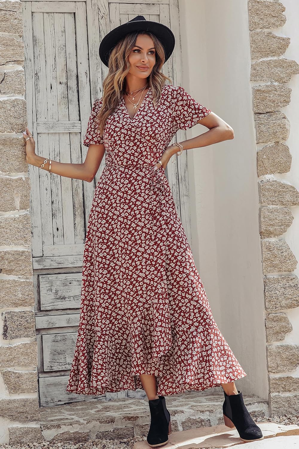 PRETTYGARDEN Women's Summer Wrap Maxi Dress Casual Short Sleeve Floral Boho V Neck Split Ruffle Beach Long Dresses