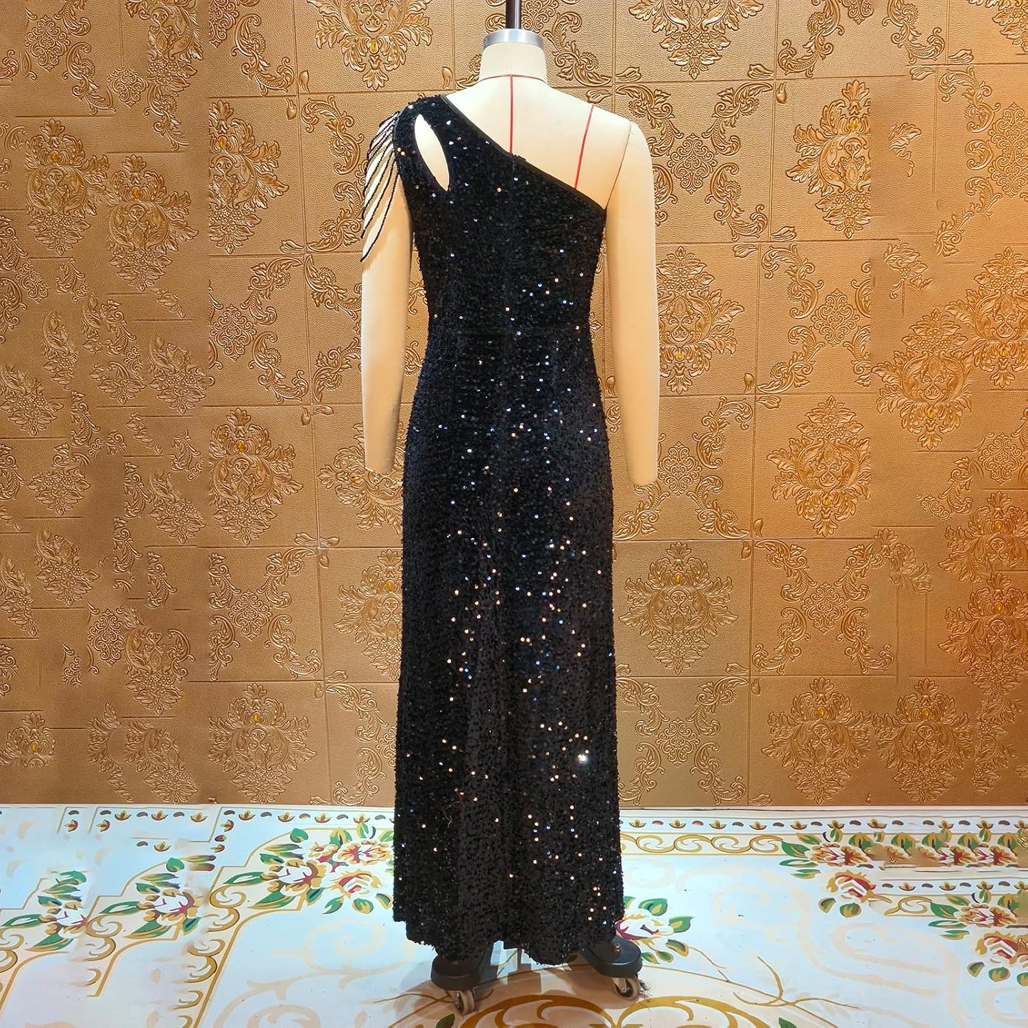 Cololura Women Sequin Elegant Sexy One Shoulder Tassel Mermaid Bodycon Cocktail Evening Dress