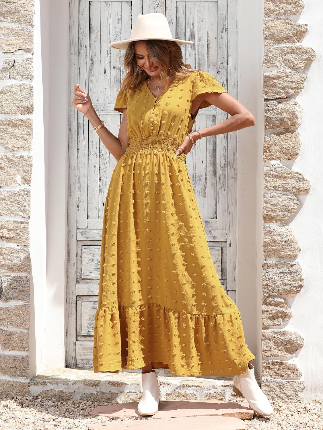 PRETTYGARDEN Womens Dresses 2025 Summer Maxi Dress Boho Short Sleeve V Neck Swiss Dot Ruffle Tiered Smocked Flowy Long Dress