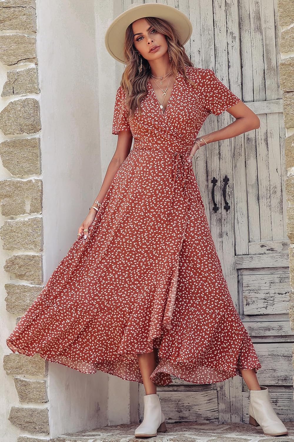 PRETTYGARDEN Women's Summer Wrap Maxi Dress Casual Short Sleeve Floral Boho V Neck Split Ruffle Beach Long Dresses