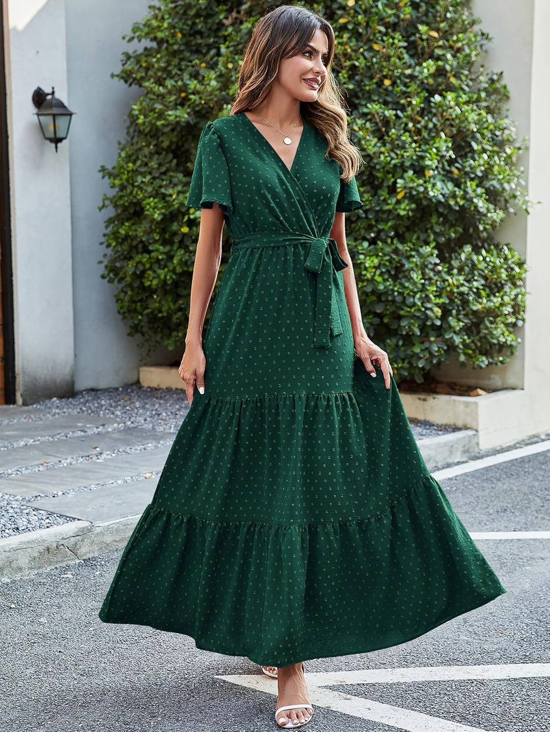 MASCOMODA Womens Boho Swiss Dot Maxi Dresses Wrap V Neck Flutter Short Sleeve Solid Tie Belt A Line Tiered Flowy Long Dress