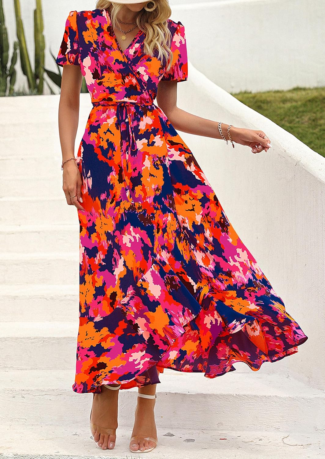 PRETTYGARDEN Women's Summer Wrap Maxi Dress Casual Short Sleeve Floral Boho V Neck Split Ruffle Beach Long Dresses