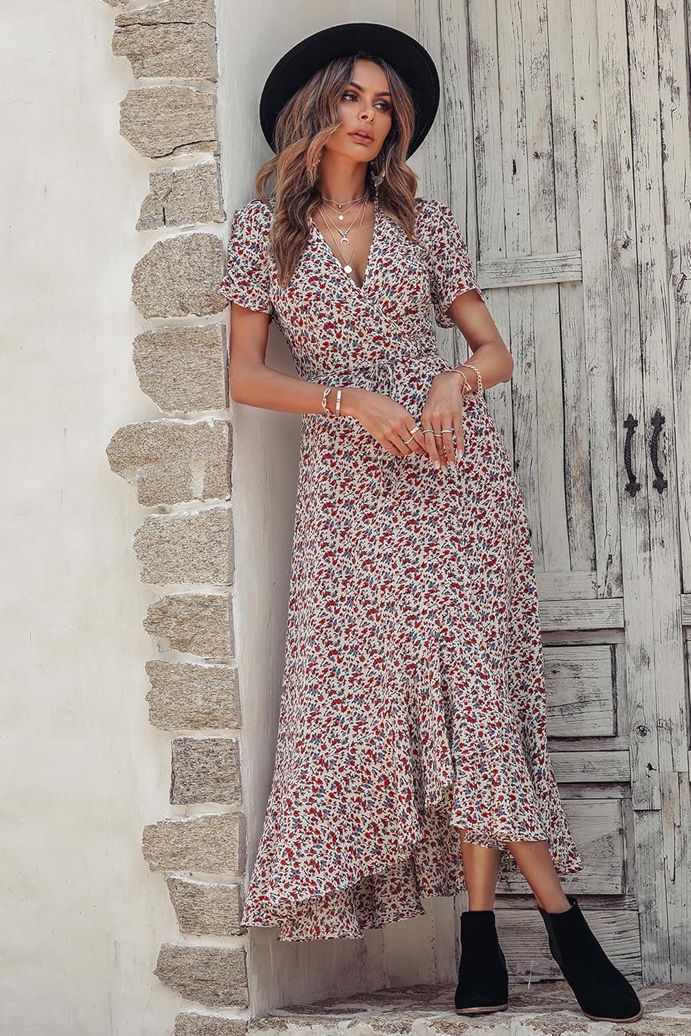 PRETTYGARDEN Women's Summer Wrap Maxi Dress Casual Short Sleeve Floral Boho V Neck Split Ruffle Beach Long Dresses