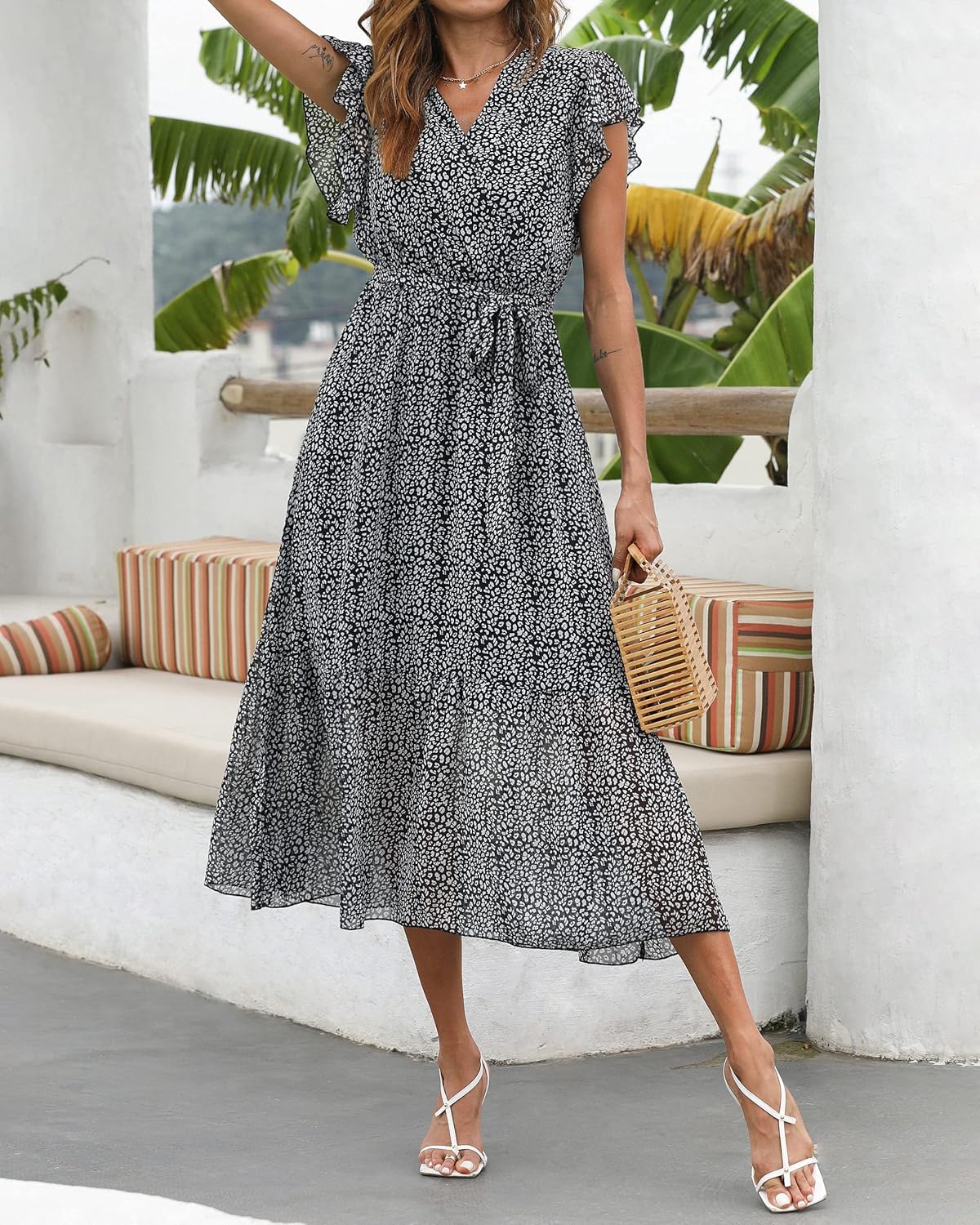 BTFBM Women Summer Bohemian Floral Casual Wrap V Neck Ruffle Cap Sleeveless Belt A-Line Pleated Hem Midi Sun Dress White