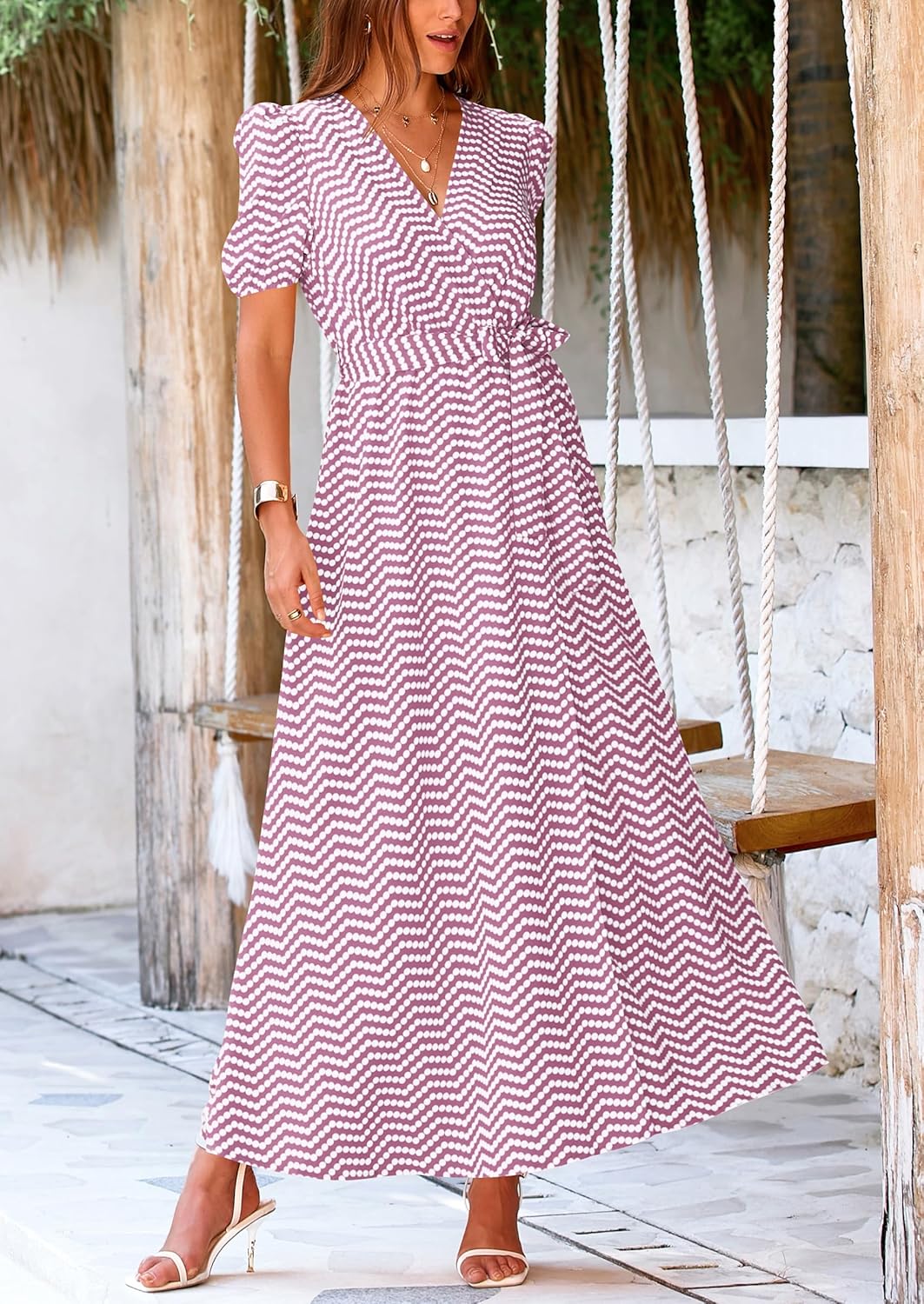 PRETTYGARDEN Women's Summer Wrap Maxi Dress Casual Short Sleeve Floral Boho V Neck Split Ruffle Beach Long Dresses