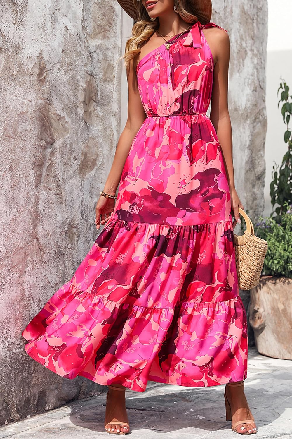 PRETTYGARDEN Women's Summer Floral Maxi Dress Knot One Shoulder Sleeveless Ruffle Flowy Boho Beach Wedding Guest Dresses